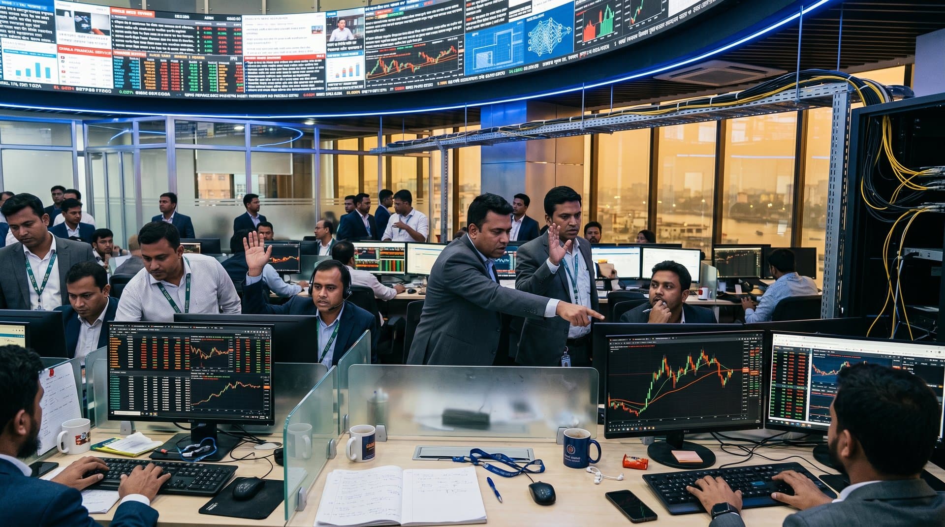 Dhaka traders analyze US AI policies, crypto charts, and Bangladesh fintech on exchange floor screens