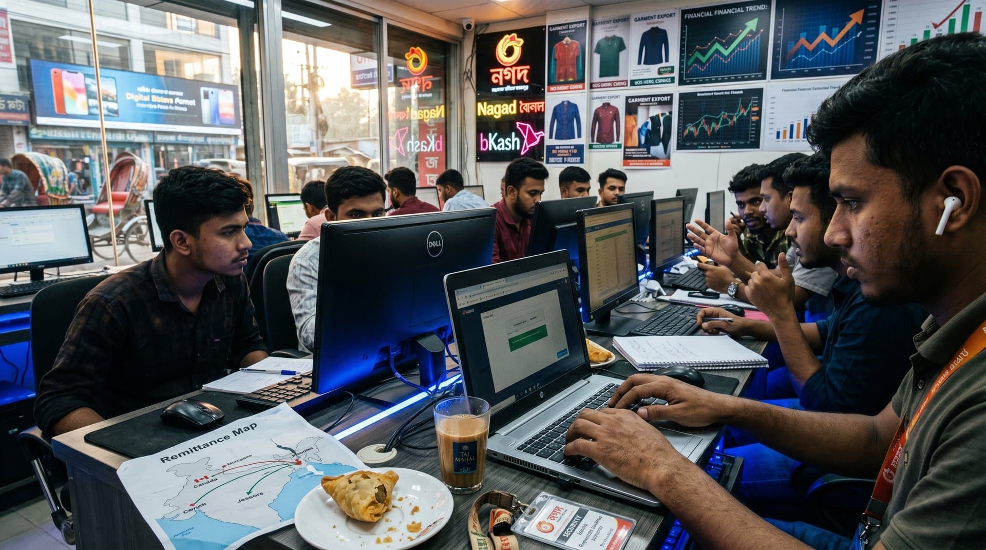 Jessore cyber cafe screens show Canada crypto ATM ban alerts with local fraud data, chai, and remittance maps
