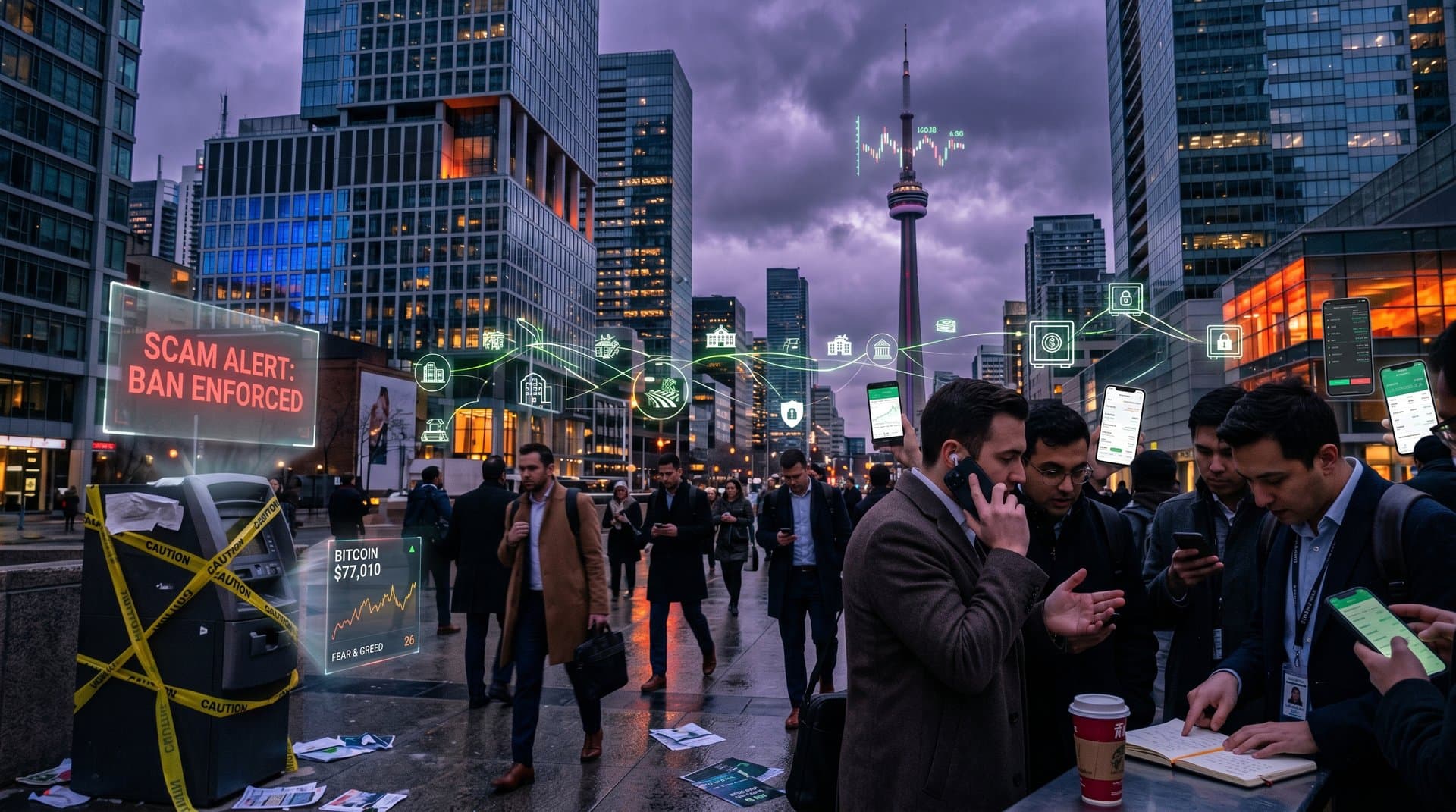 Toronto financial district with shuttered crypto ATM and digital remittance flows to Jessore Bangladesh amid Canada's Crypto ATM Ban