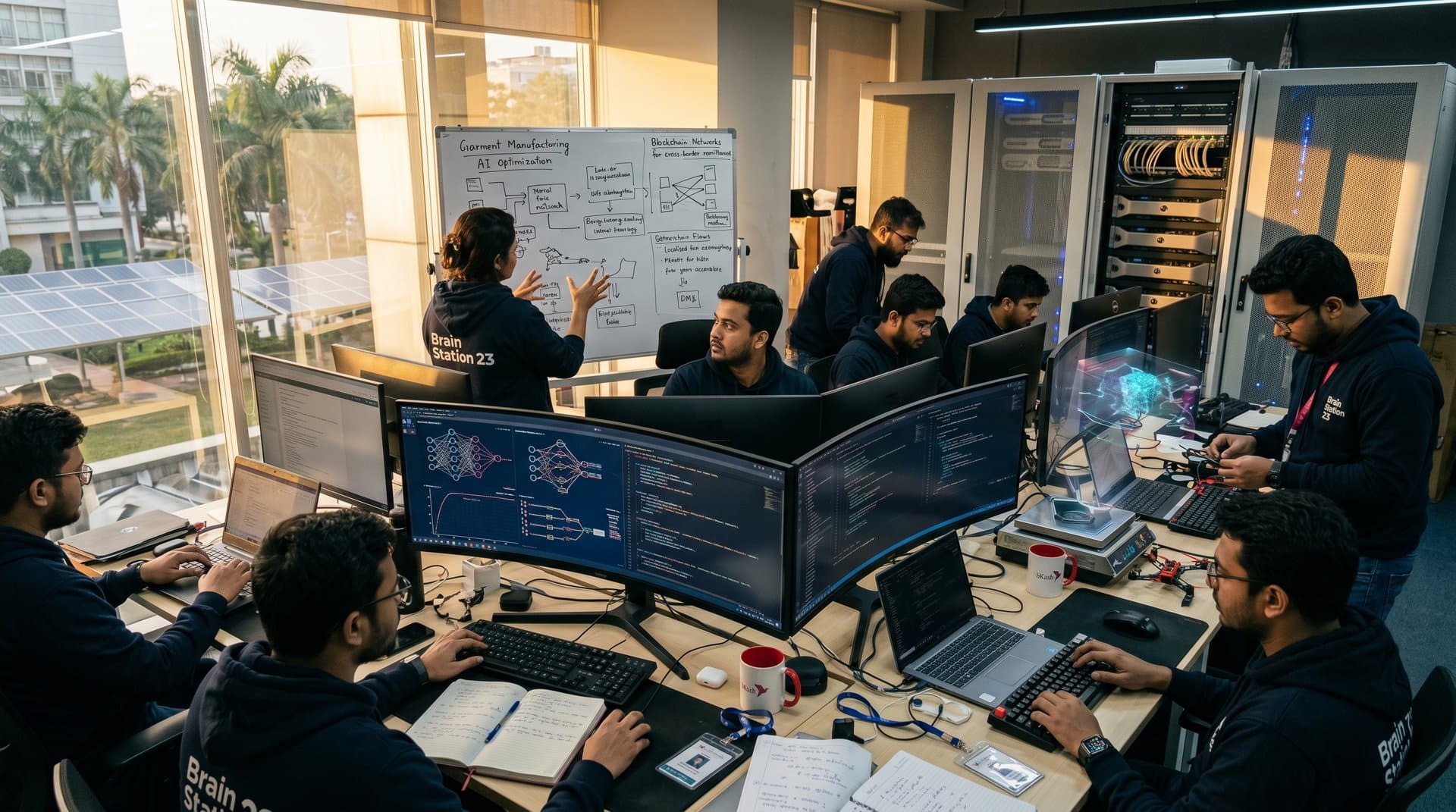 AI developers in Dhaka Hi-Tech Park review US policy compliance on multi-monitors amid Bangladesh tech innovation scene