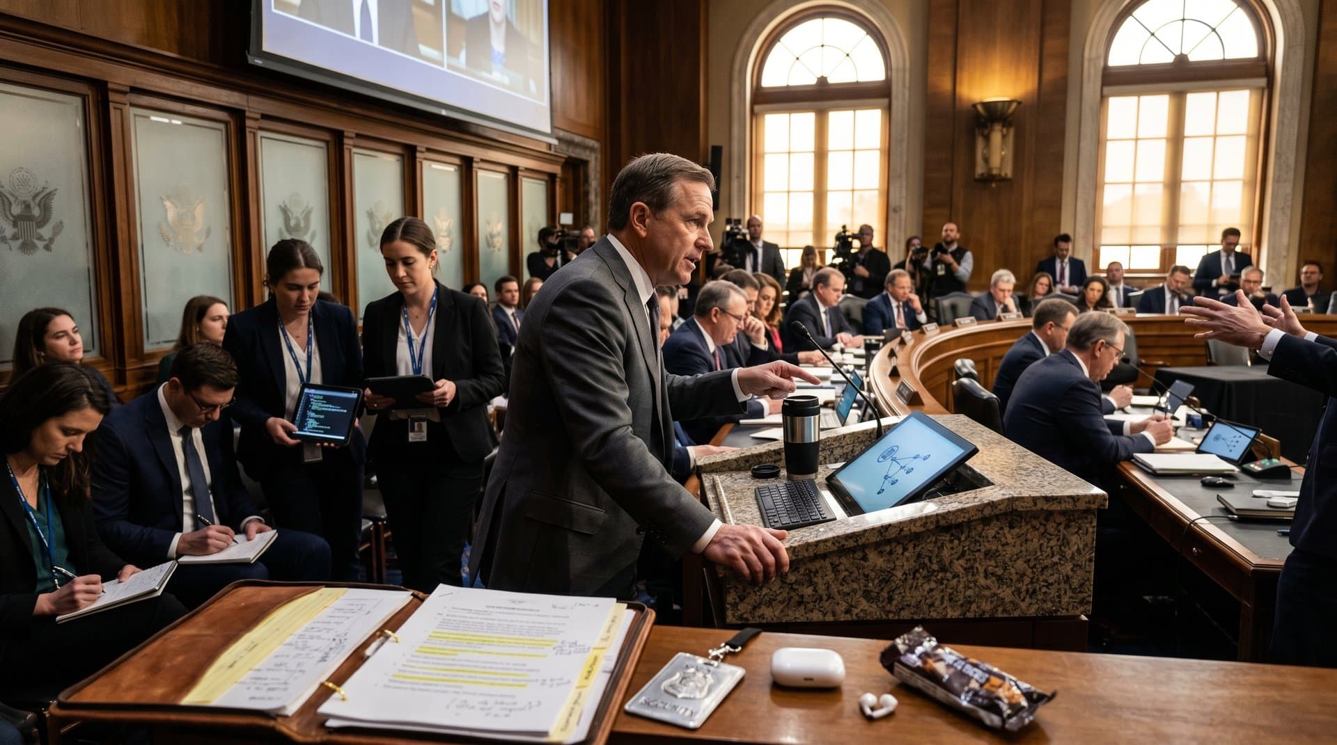 US Senate hearing on AI bills with desks, screens showing neural networks, and aides with tablets