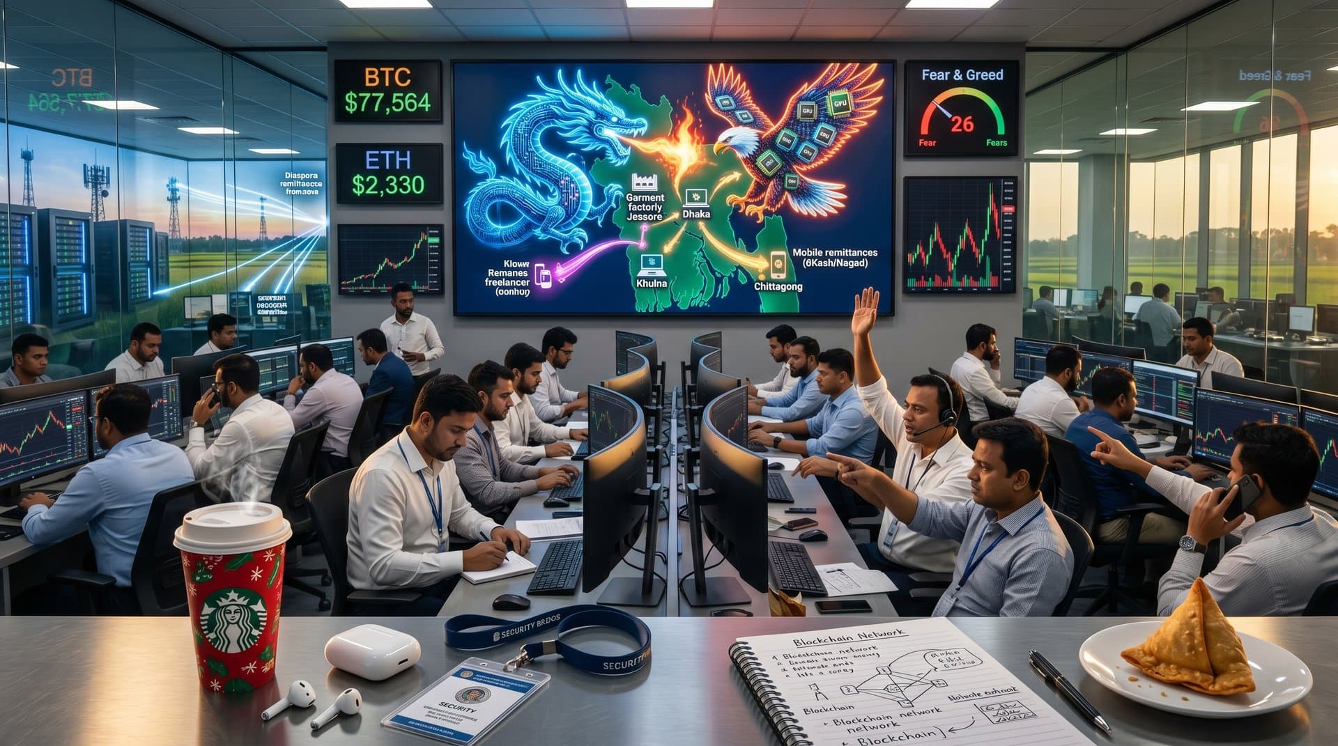 Abstract AI rivalry visualization over Bangladesh map with crypto charts and neural networks