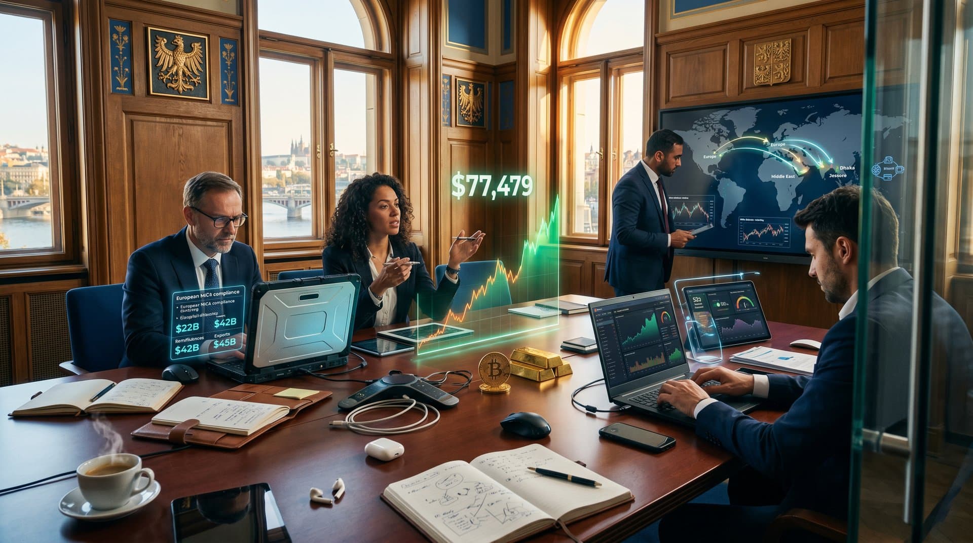 Czech National Bank boardroom with Bitcoin charts, Bloomberg screens, reserve maps, and Prague river view in modern finance setting