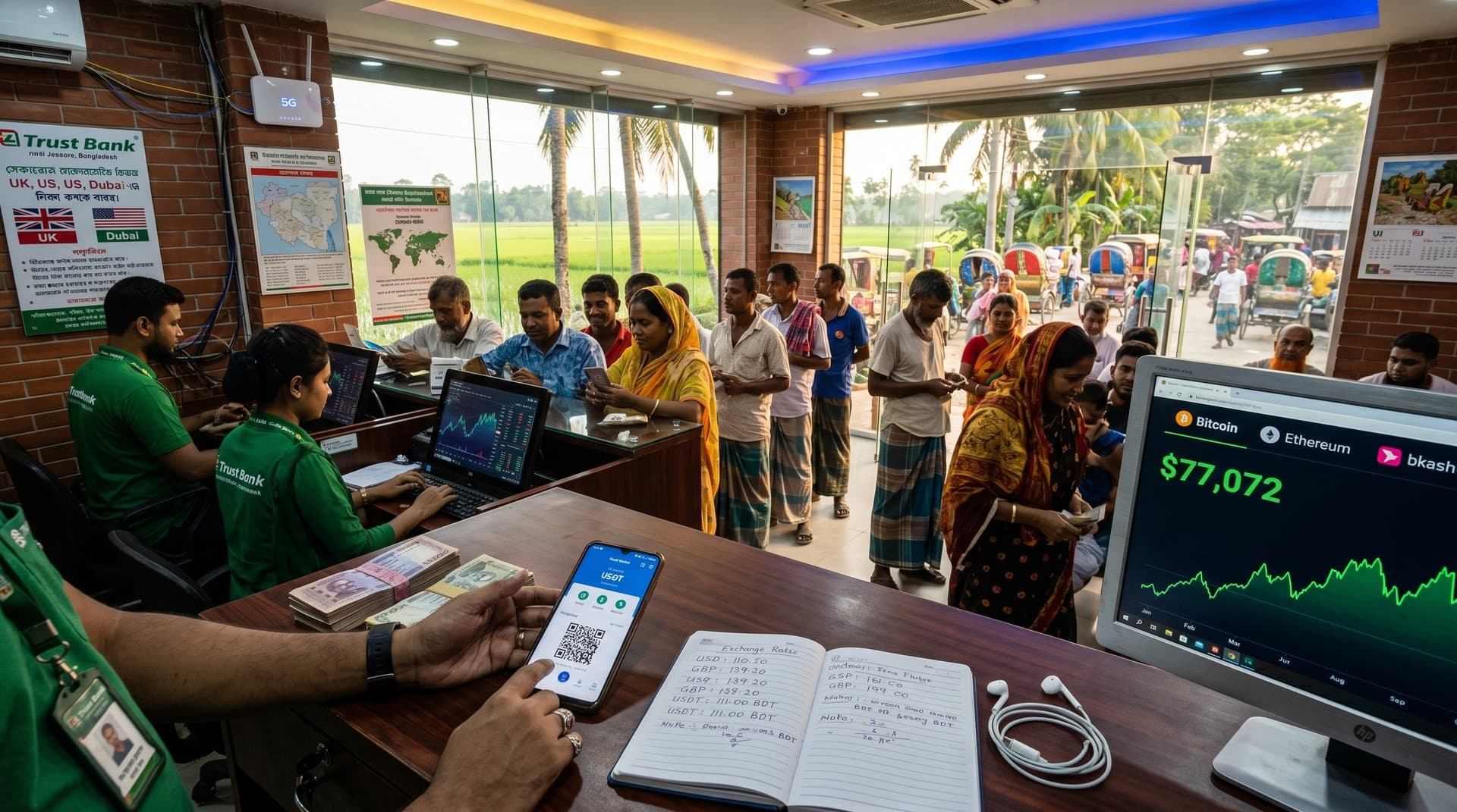 Jessore bank branch screens show Bitcoin at $77k and bKash crypto remittances amid rural tech upgrade
