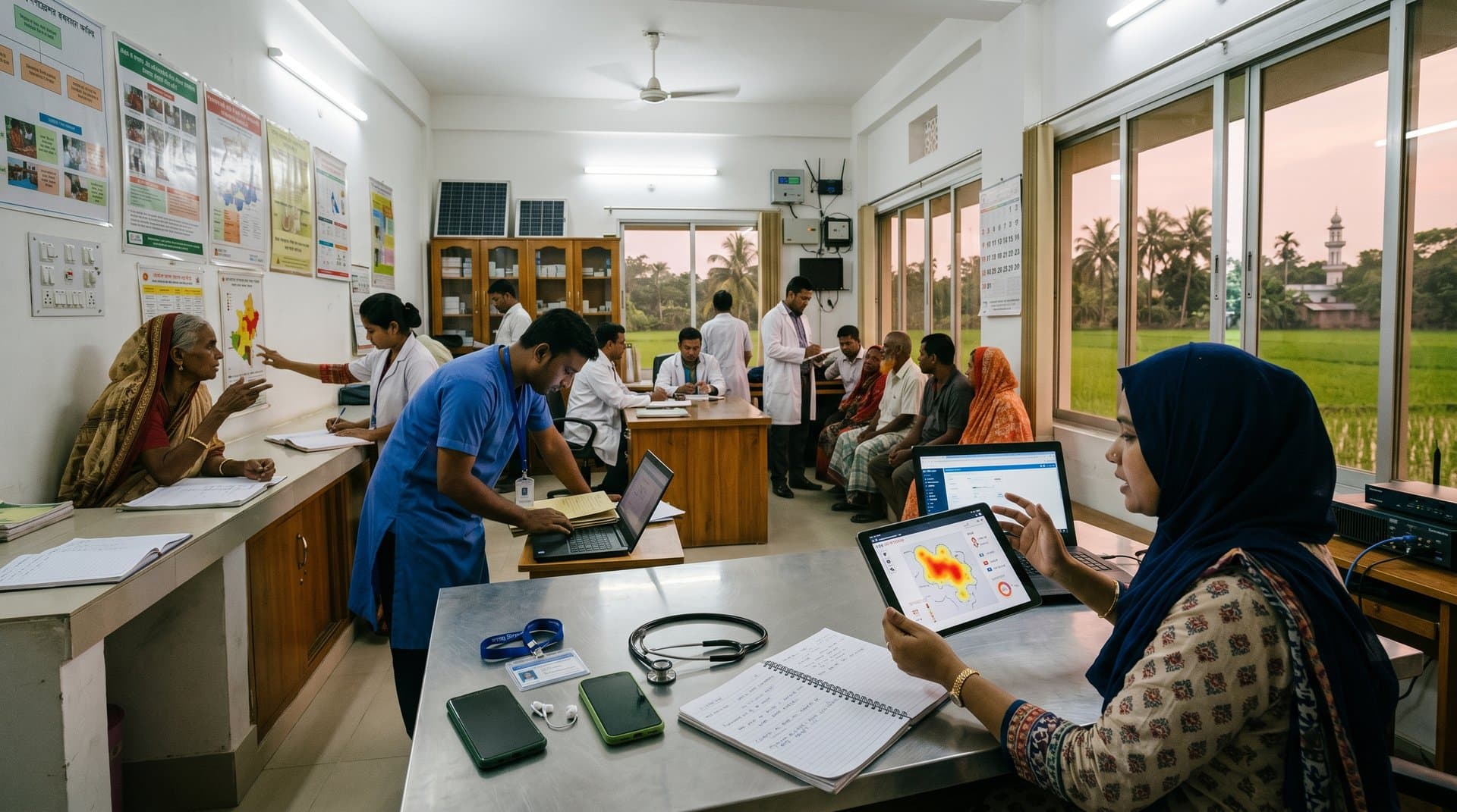 Health worker in Jessore clinic reviews NIH AI IPV risk predictions on tablet amid rural Bangladesh health tech setup