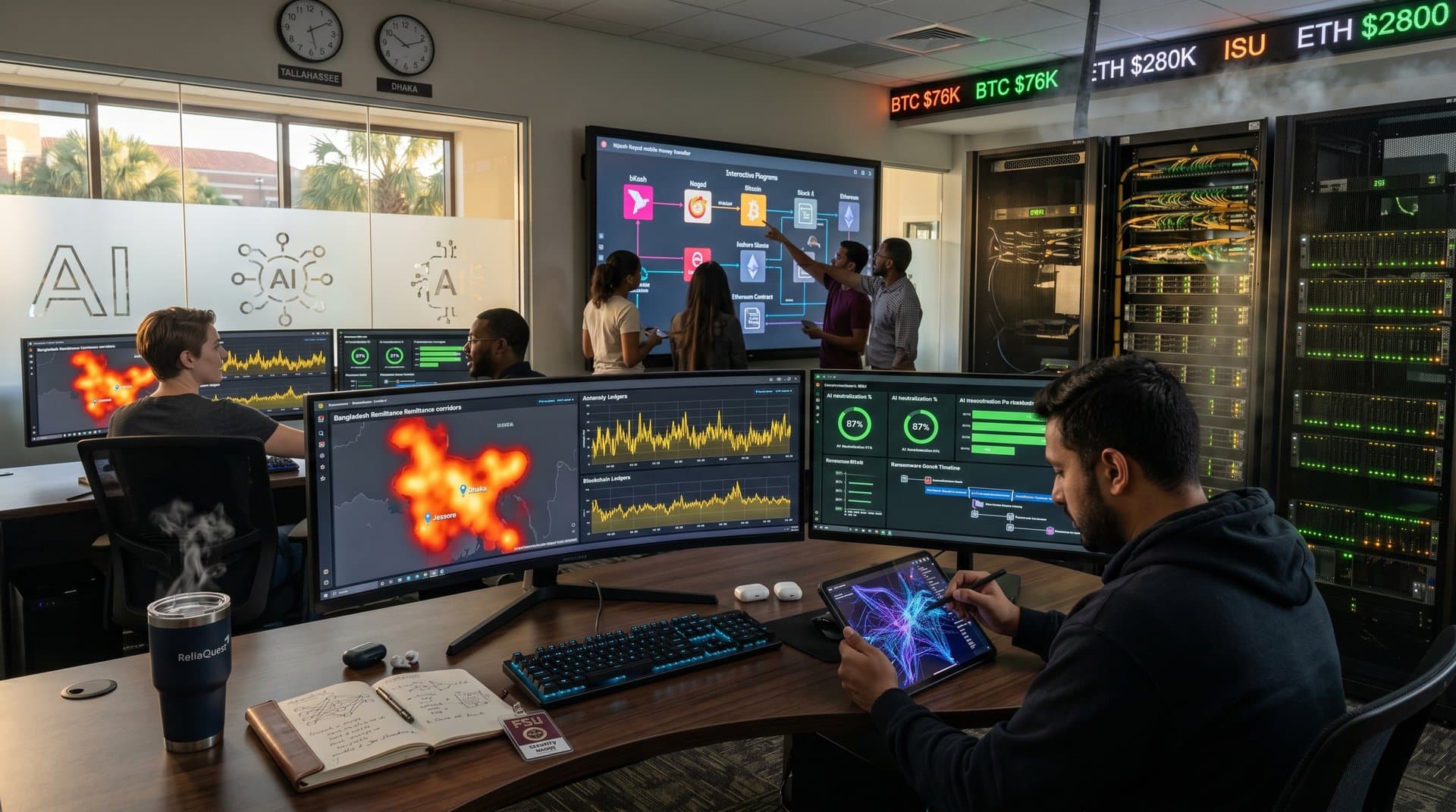 AI cybersecurity lab with monitors displaying threat maps, AI dashboards, and server racks in a modern university environment
