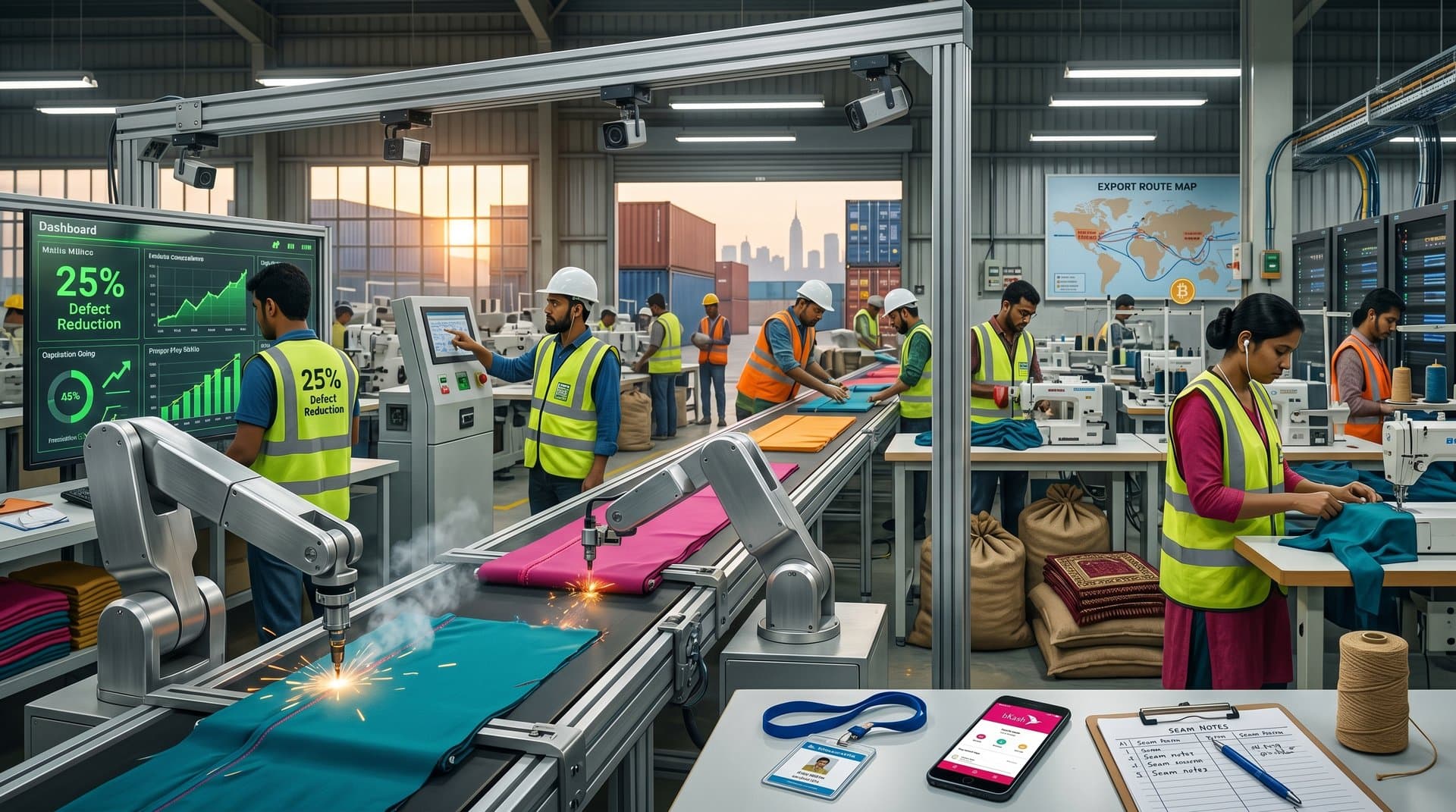 AI robots and digital dashboards in modern Bangladesh RMG factory production line