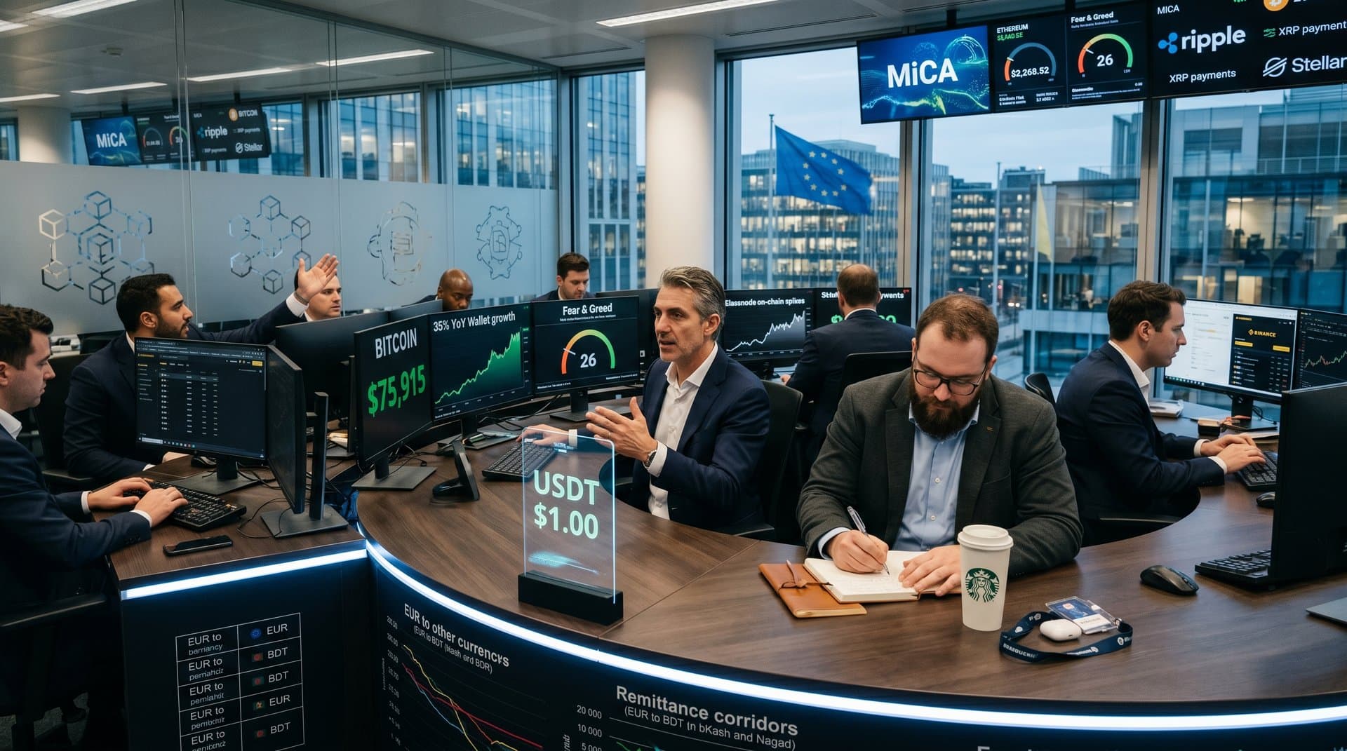 Trading floor with crypto charts, BTC prices, and ARI10 study data under modern bank lighting
