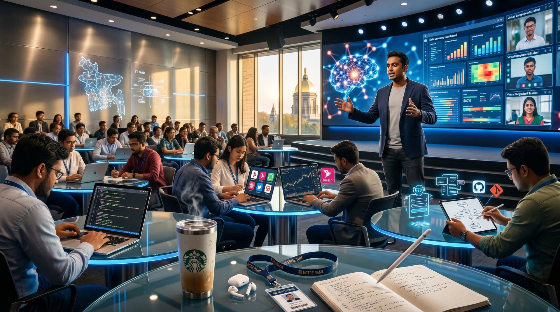AI education conference scene with screens showing neural networks and professionals collaborating