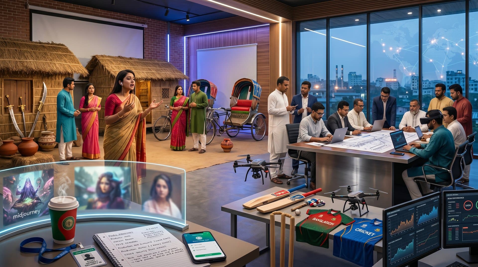 Jessore studio fuses Dhallywood sets with AI screens, crypto charts, cricket tech amid cultural props