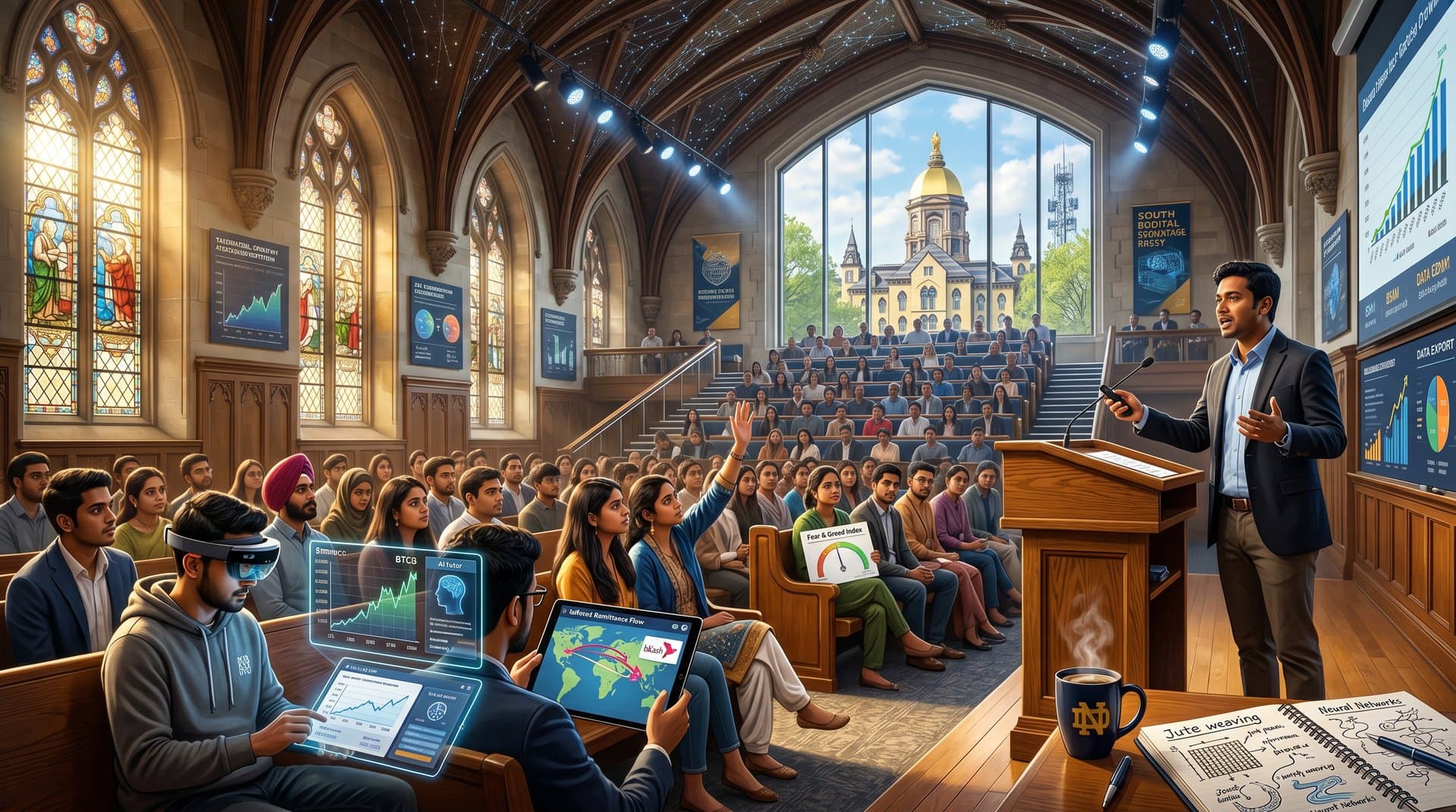 Notre Dame lecture hall with AI education holograms, finance simulations, and IgniteND 2026 banners amid innovative campus setting