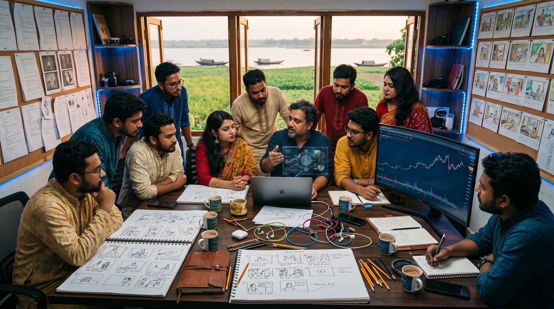 Jessore filmmakers workshop with storyboards, jute fields view, blockchain screen amid creative tools