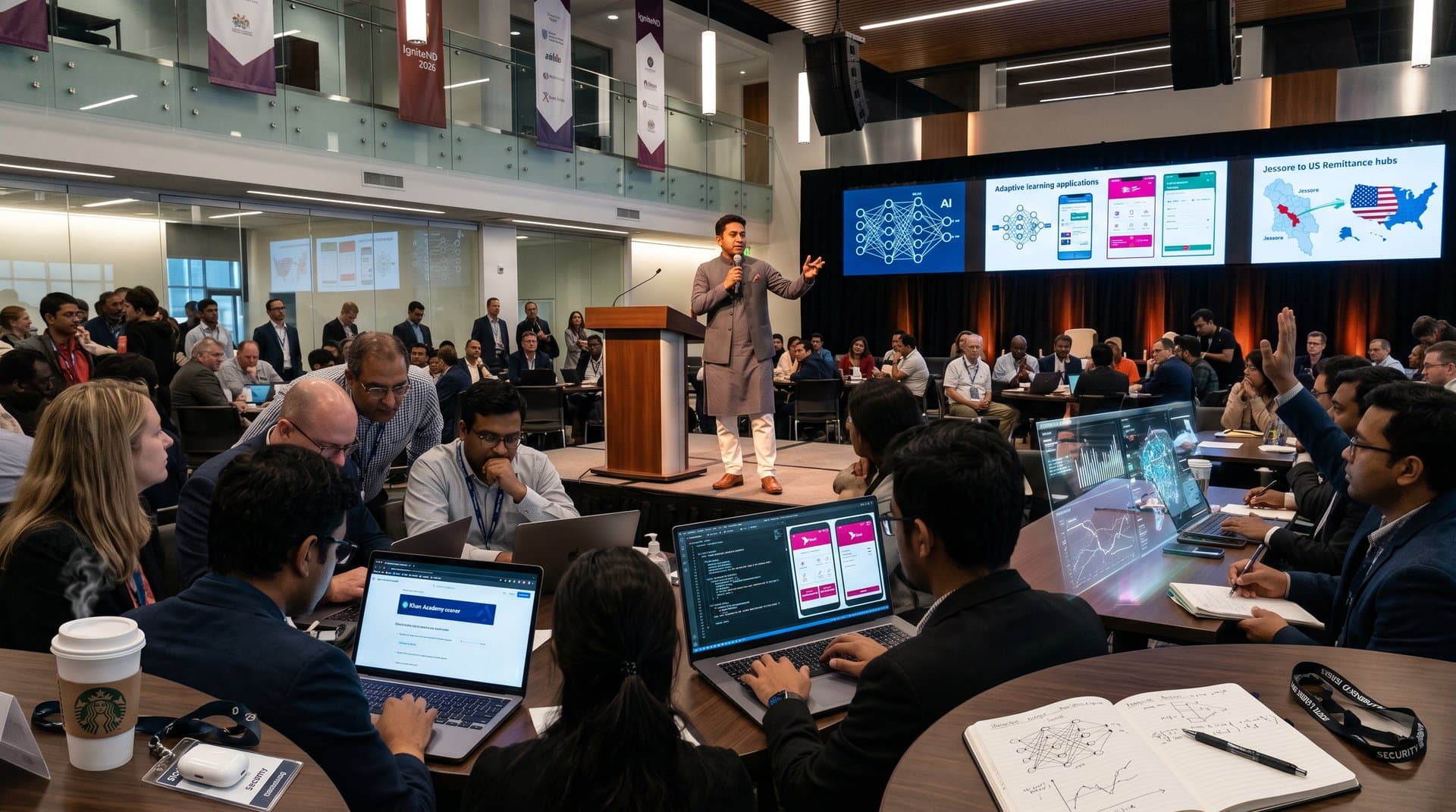 Conference hall buzzing with AI education demos at IgniteND Conference 2026, featuring neural networks, Bengali AI tools, and Jessore-global tech connections