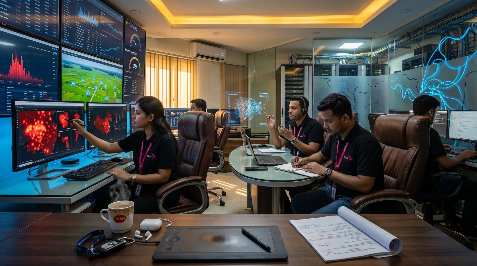 Cybersecurity analysts monitor AI threat maps on multi-screen setups in a high-tech data center with server racks and crypto charts