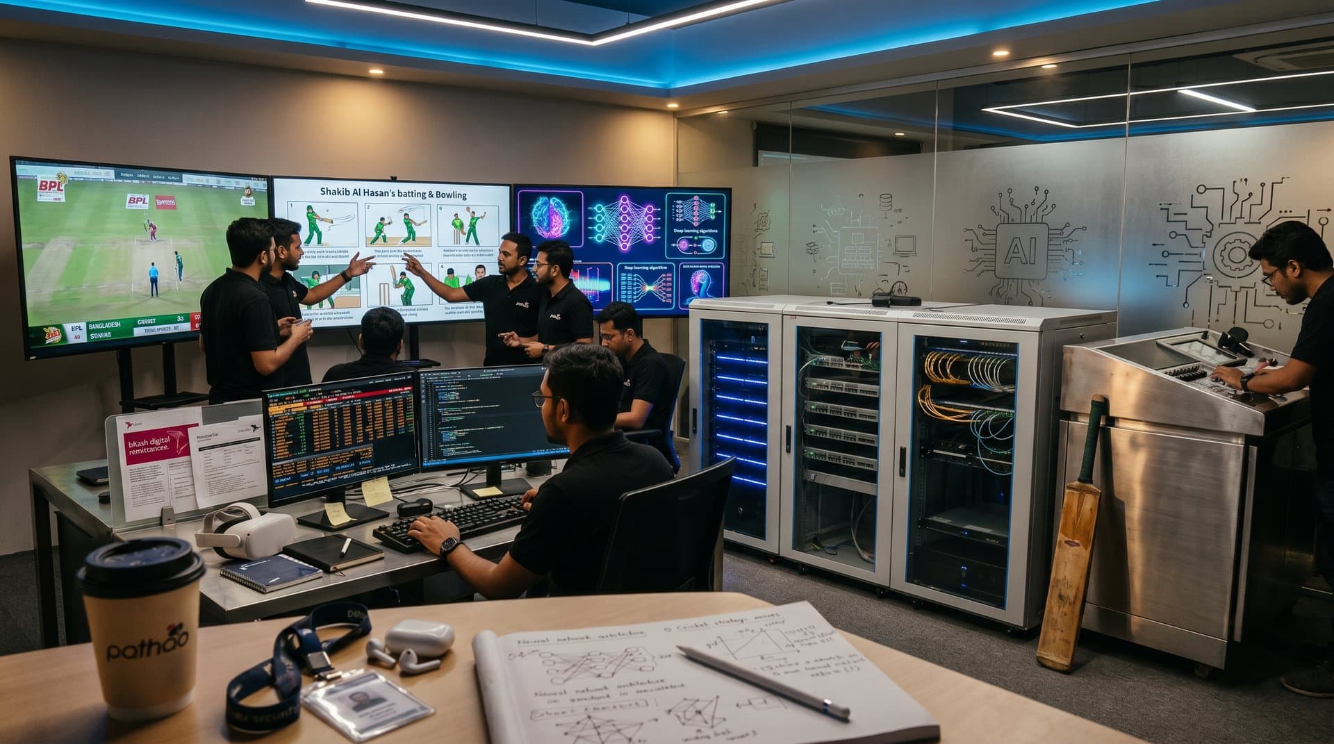 AI lab screens show cricket edits, crypto charts, and Bangla sports storyboards amid high-tech fusion elements