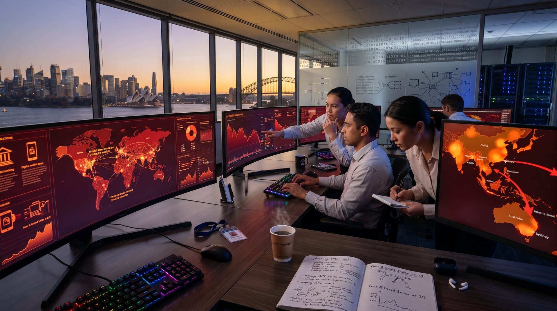 Cybersecurity team monitors frontier AI threat maps in Sydney operations center overlooking harbor
