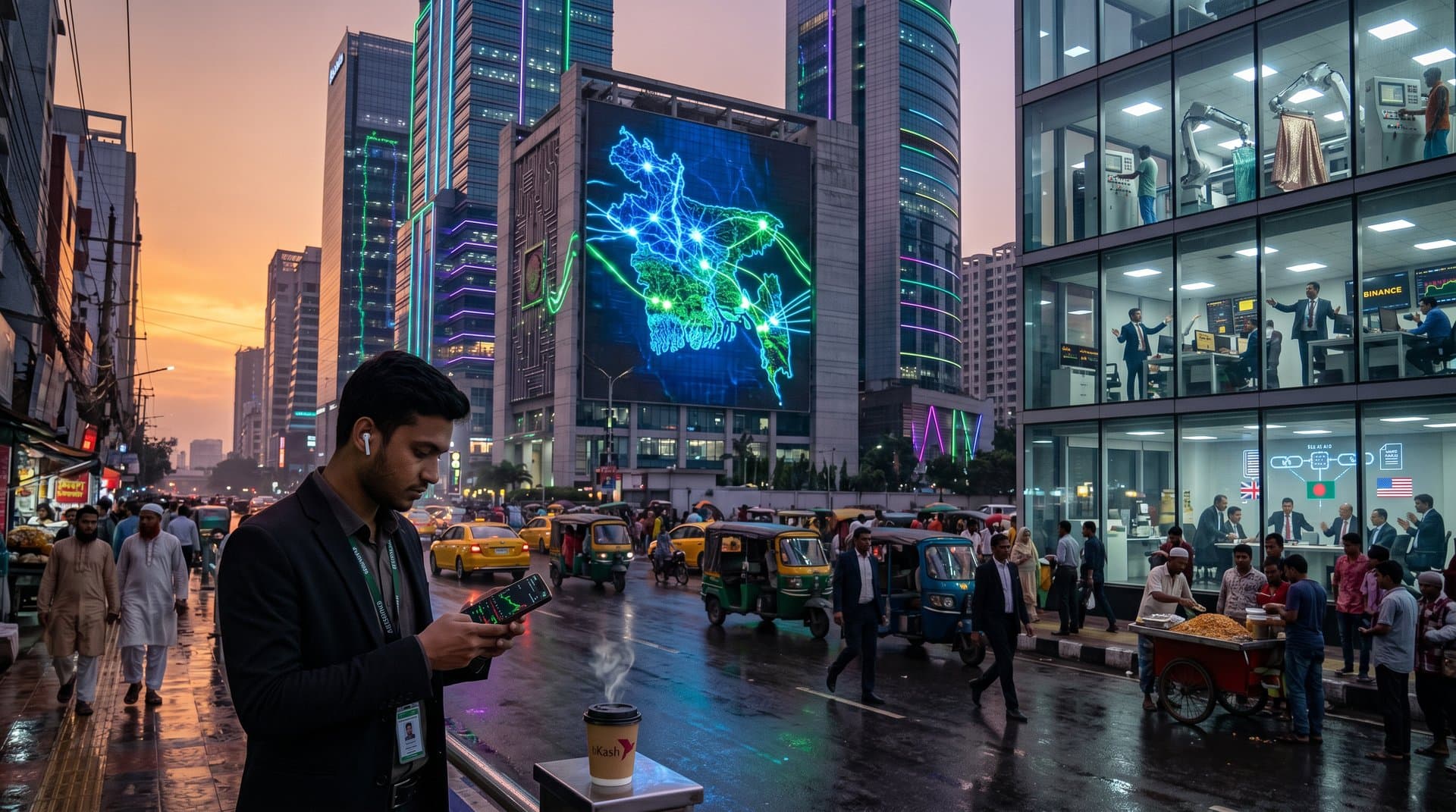 Futuristic Dhaka skyline overlaid with AI neural networks, bKash remittances, crypto charts at BTC $75,568, Bangladesh tech elements including drones, robots, and fiber optics
