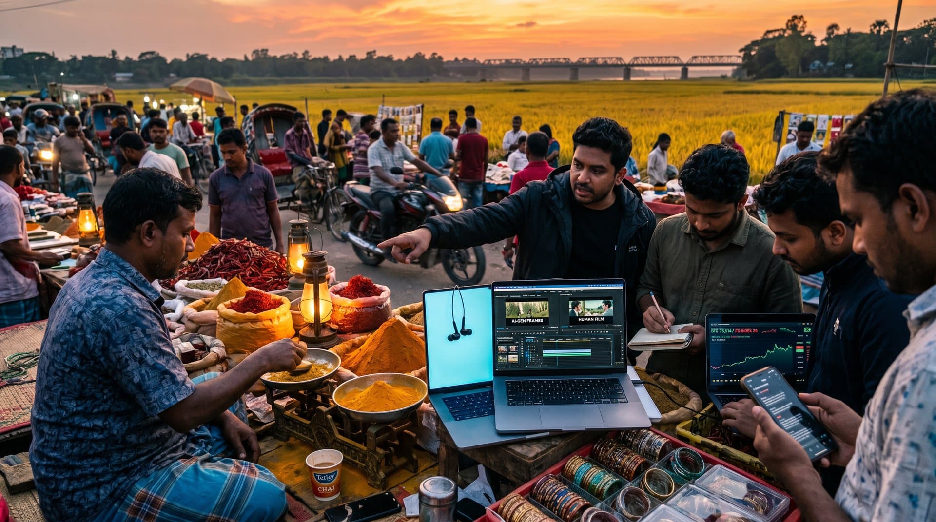 Jessore market with filmmakers comparing AI vs human films amid crypto charts and cultural elements