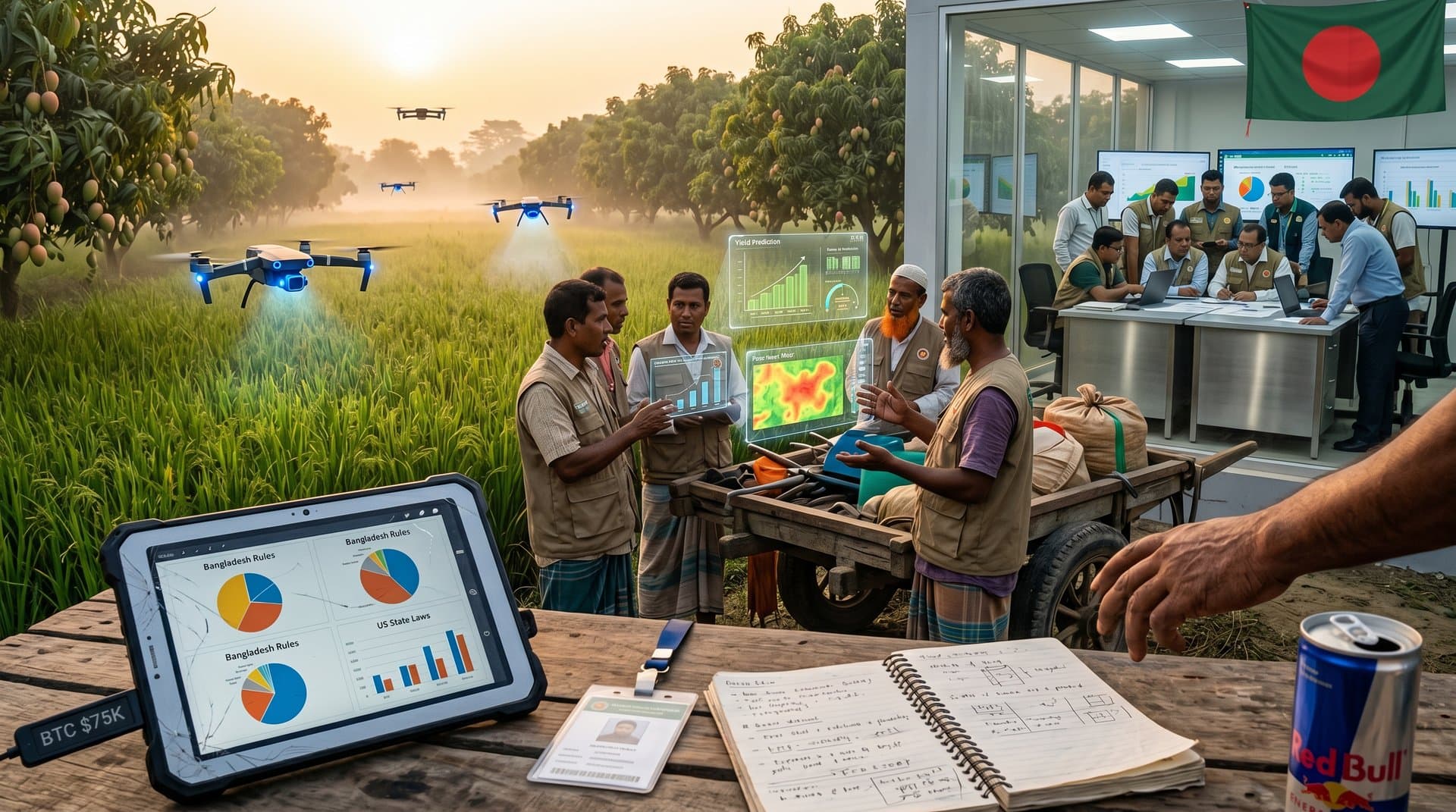 AI drones over Jessore fields with yield data holograms, policy charts, and BTC tickers in rural Bangladesh tech scene
