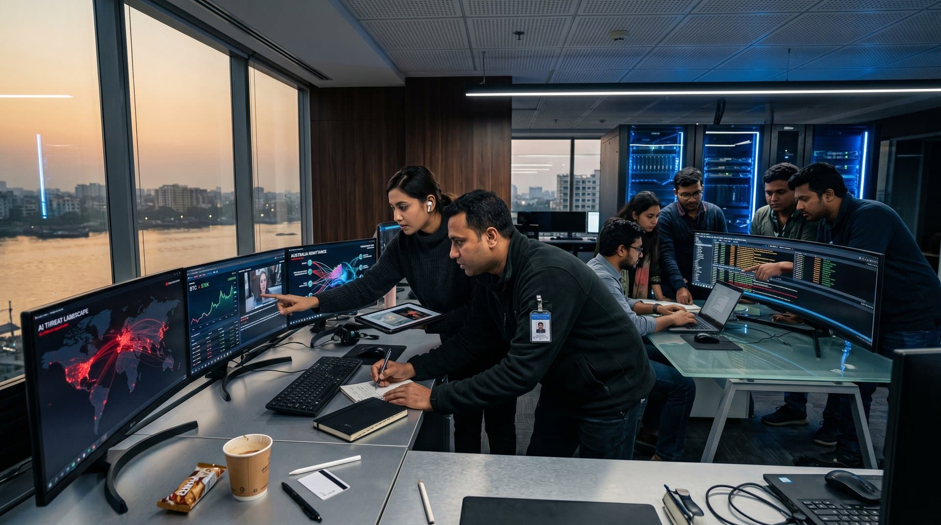 Analysts monitor frontier AI cyber threats in Dhaka operations center with crypto charts and remittance data