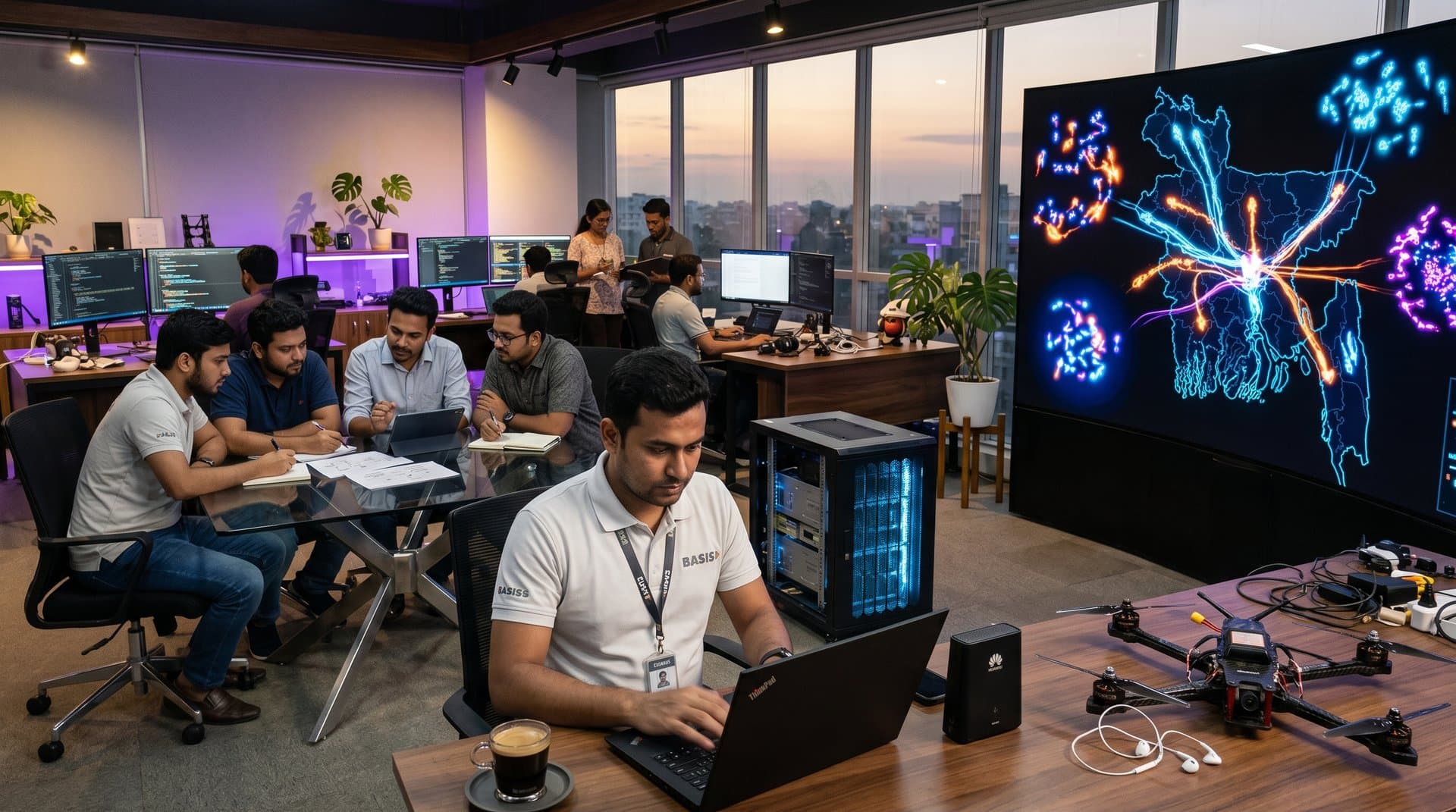 Swarm AI simulation on screen in Jessore lab with engineers, bKash interfaces, drones, GPU racks, and city skyline