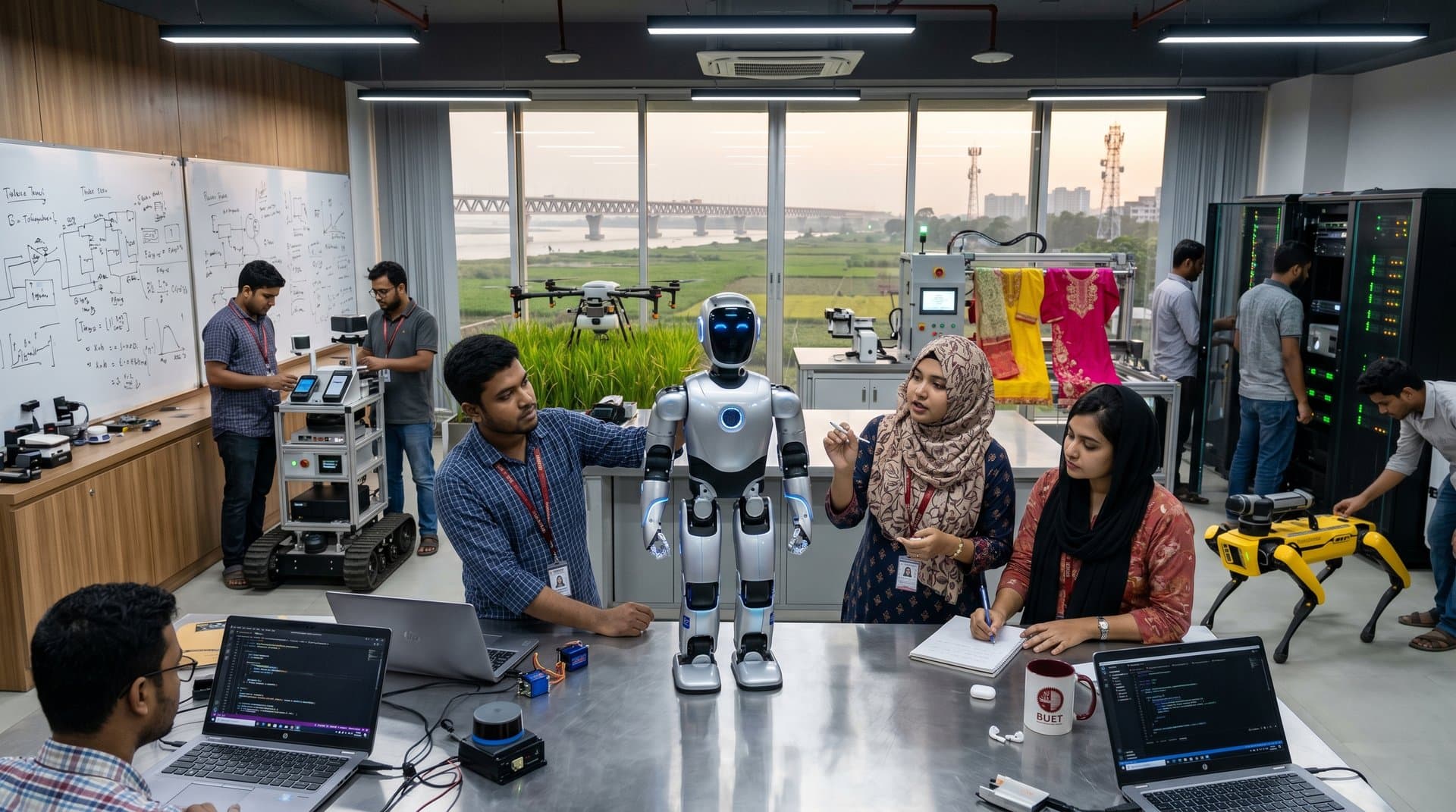 Humanoid robot calibration in Dhaka tech lab with garment arms and Jessore agribots (68 chars)