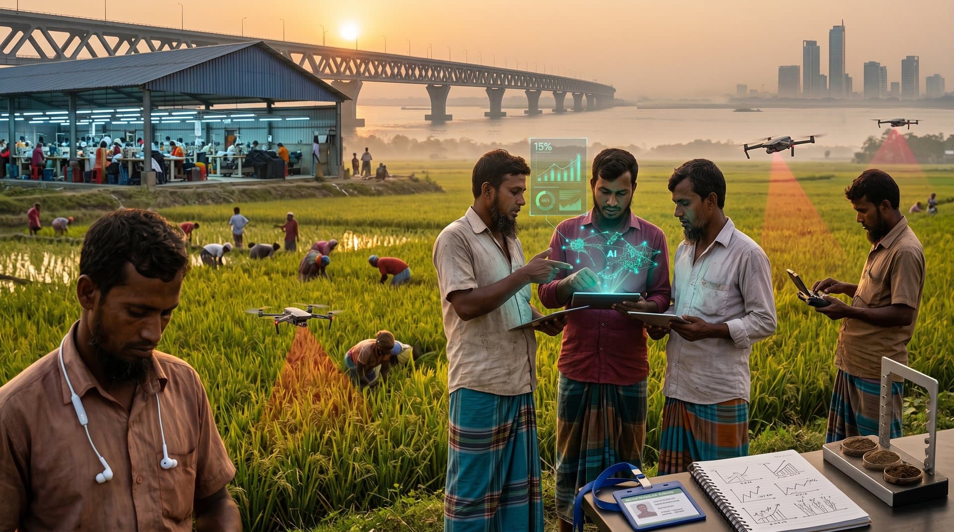 Swarm intelligence networks over Jessore farmlands with drones and AI tech overlays connecting to Bangladesh urban skyline