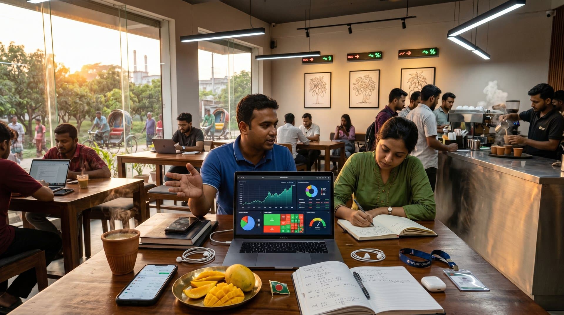 VGT vs IYW AI ETF charts, BTC at $76K, Fear & Greed 29, bKash remittances in Jessore cafe setting