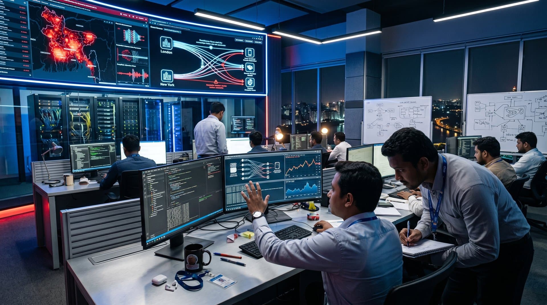Dhaka cybersecurity team monitors AI super-hacker threats on screens with Jessore maps, bKash, and remittance networks