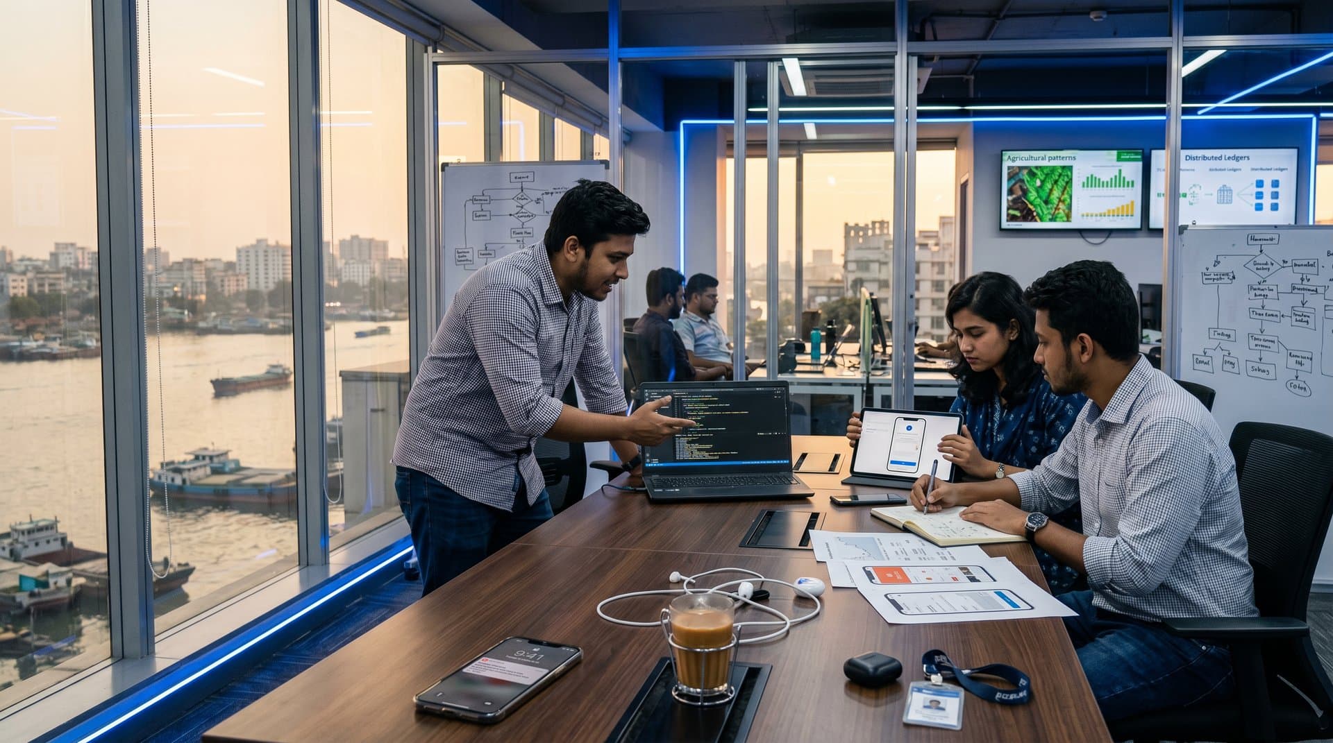Dhaka tech developers collaborate on AI projects with bKash apps, crop analytics, and blockchain charts in a modern office overlooking the city
