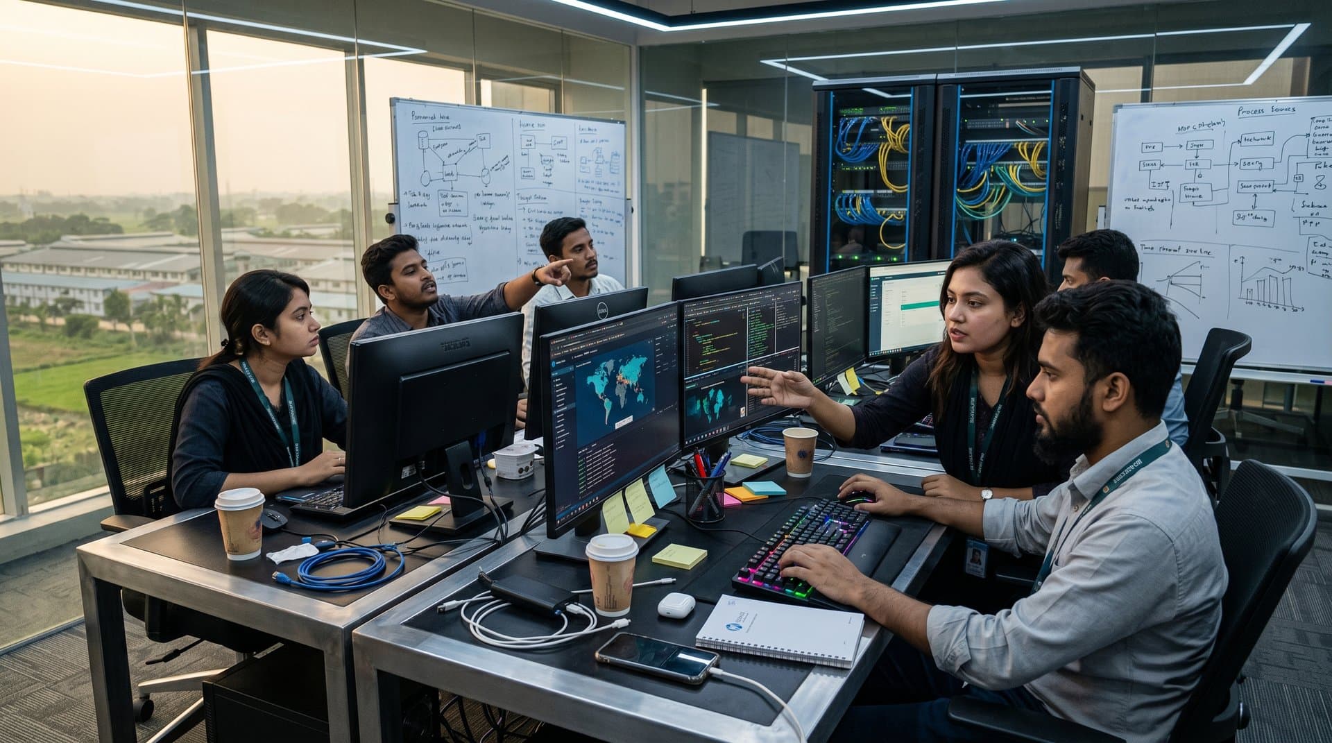 Jessore cybersecurity center monitors AI super-hacker threats with screens showing networks, blockchain, and Bangladesh digital maps