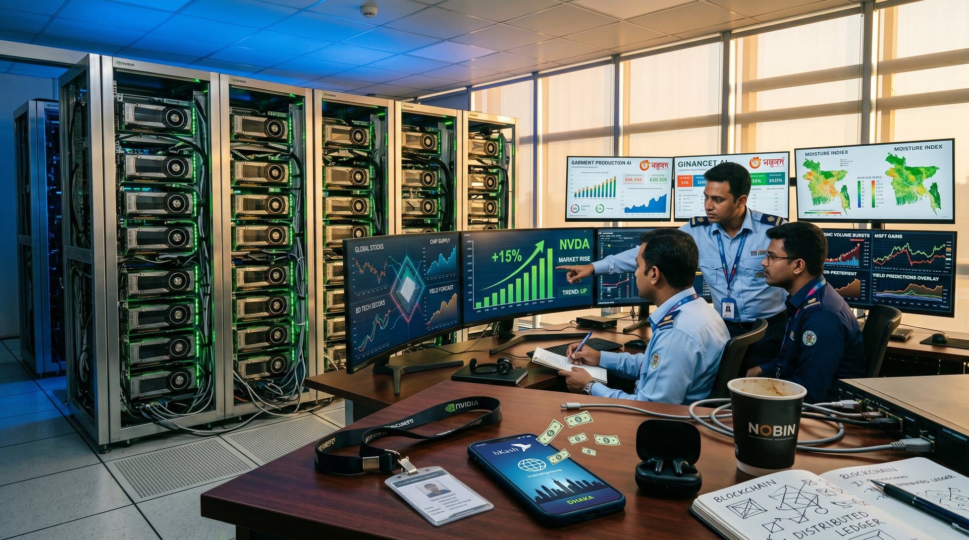 Nvidia GPUs in server rack with AI networks, Bangladesh map, stock charts, bKash app, symbolizing AI investment boom
