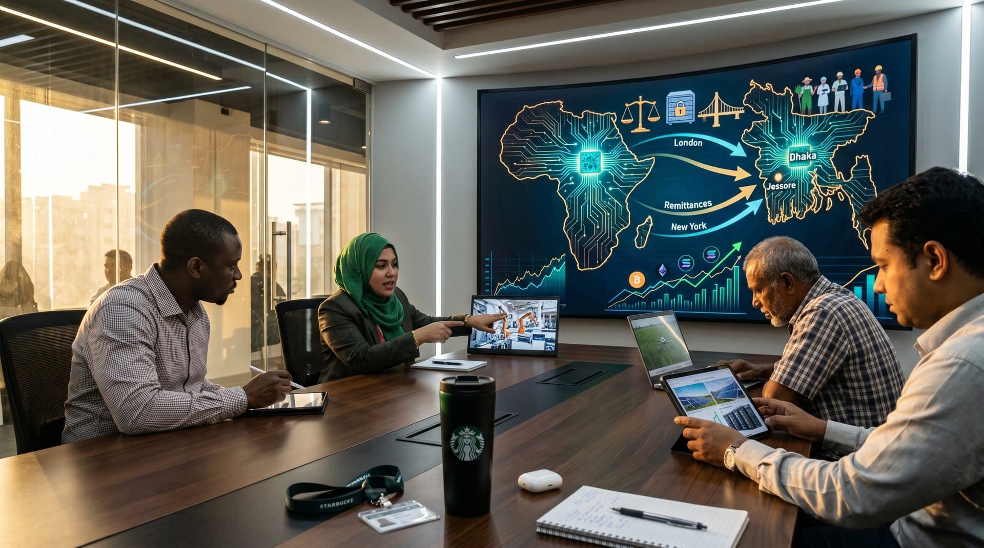 Abstract map of Africa and Bangladesh with AI governance networks, tech charts, and remittance flows
