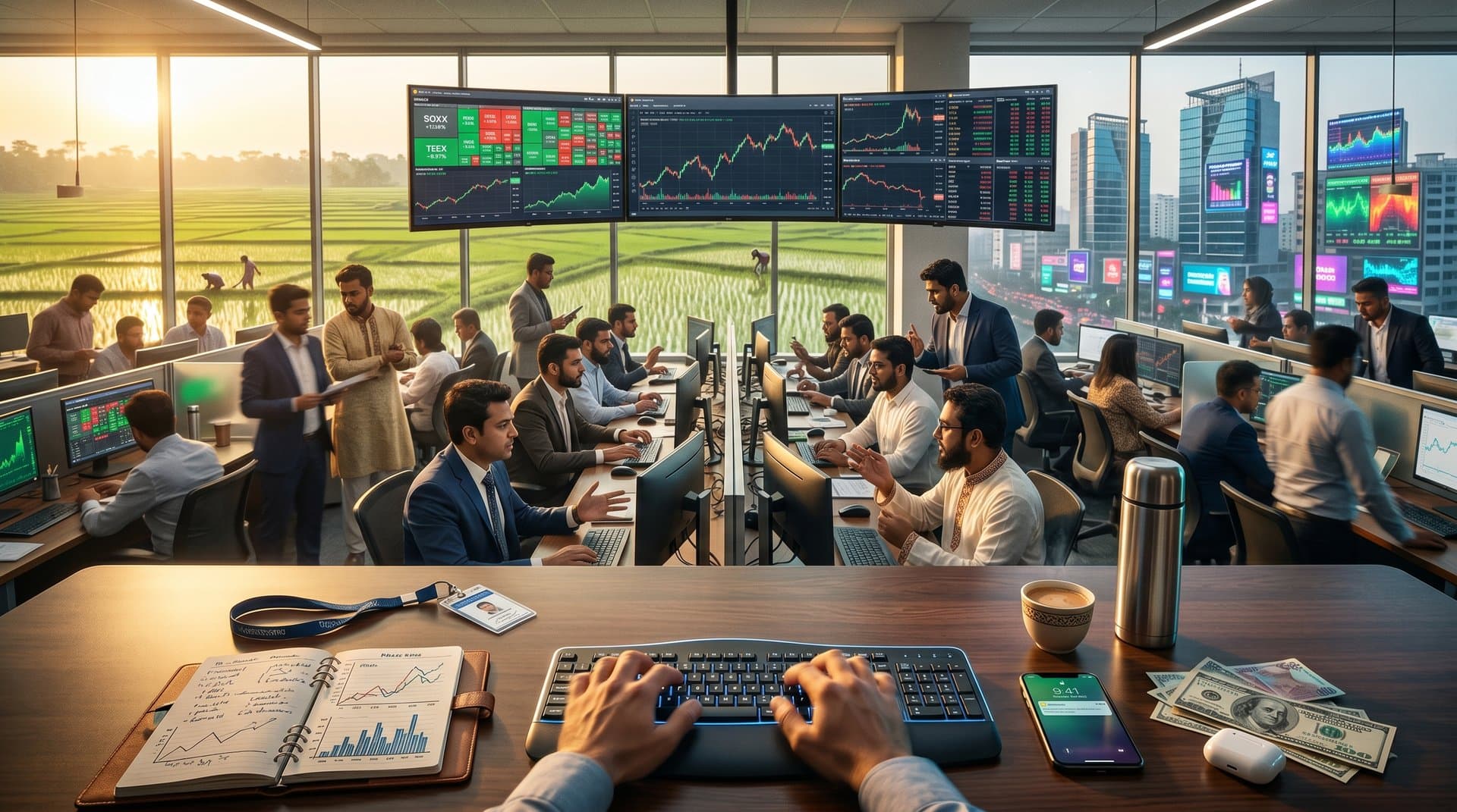 Trading desk showing SOXX vs IYW AI ETF performance charts, BTC price, Fear & Greed index, and Digital Bangladesh motifs