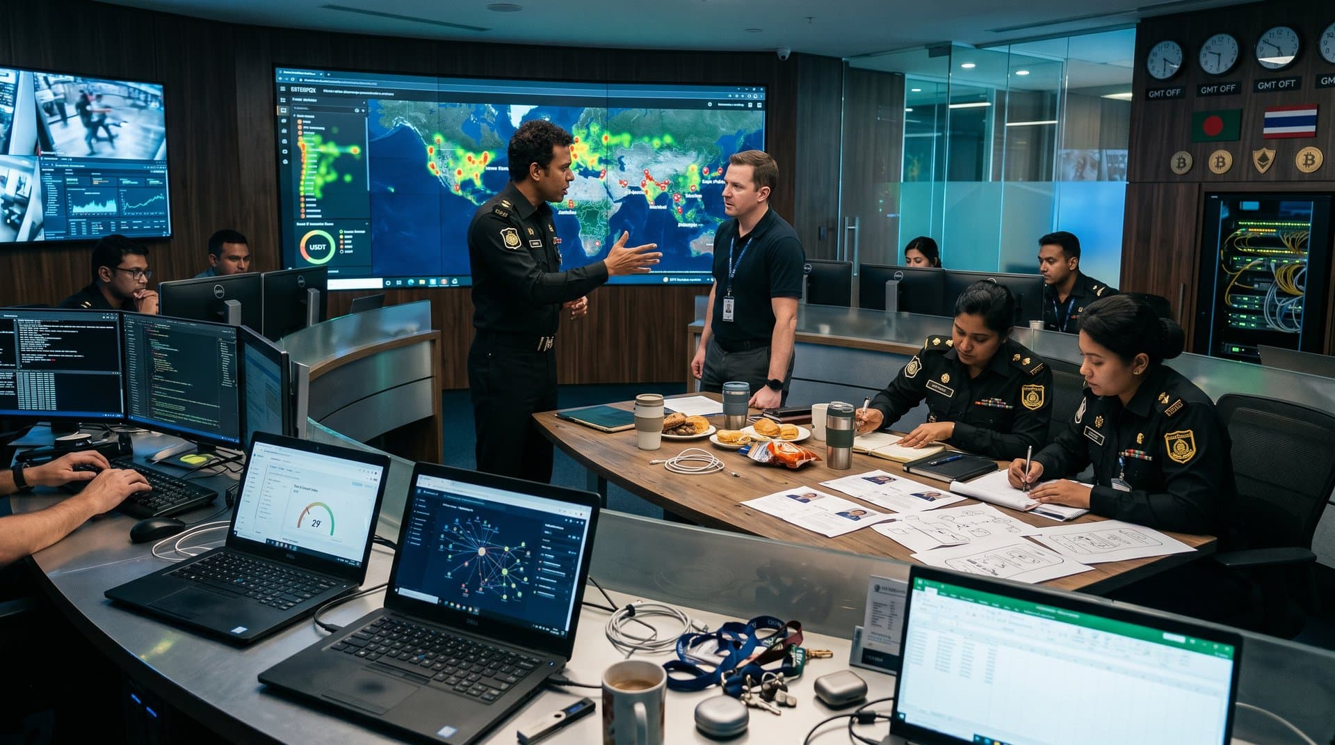 Cybercrime agents review blockchain data on multi-monitor setups in a sleek Interpol command center with global maps and transaction screens