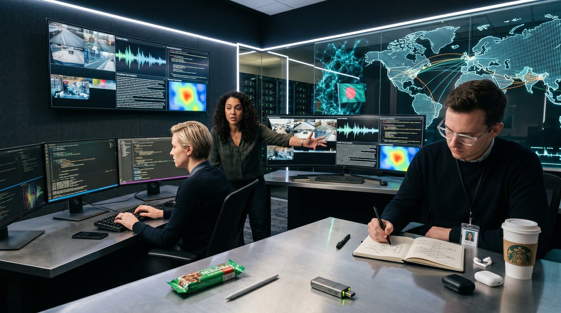 AI research lab screens displaying intelligence data fusion, neural networks, and Bangladesh-U.S. tech maps in modern workspace