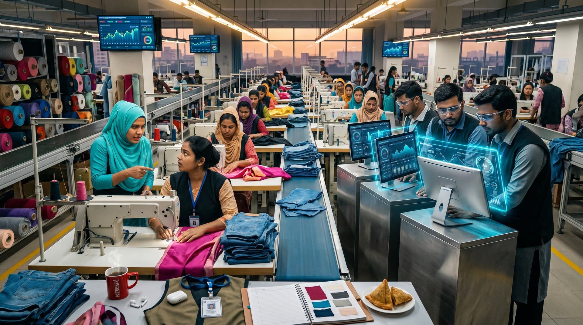 Jessore garment factory with AI analytics screens on production line amid fabric rolls and tech overlays