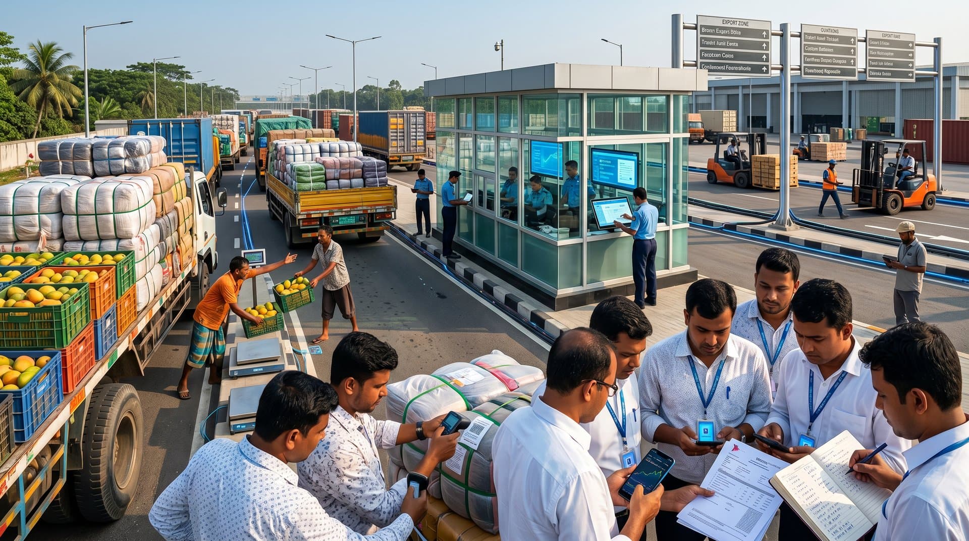 Benapole port exporters in Jessore check crypto prices on phones amid garment trucks and digital customs screens