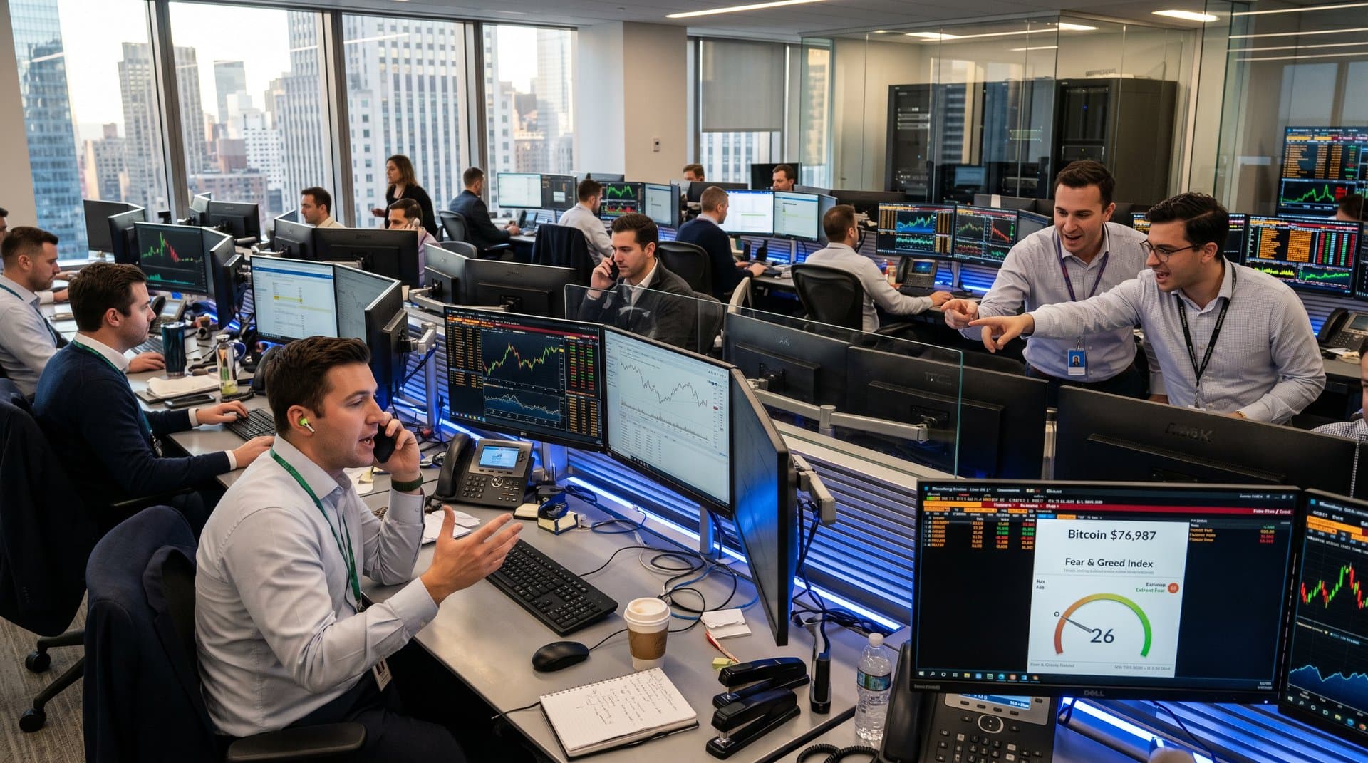 Traders on Wall Street floor analyze crypto prices on multi-monitor setups with Bloomberg Terminals and market charts amid city skyline views
