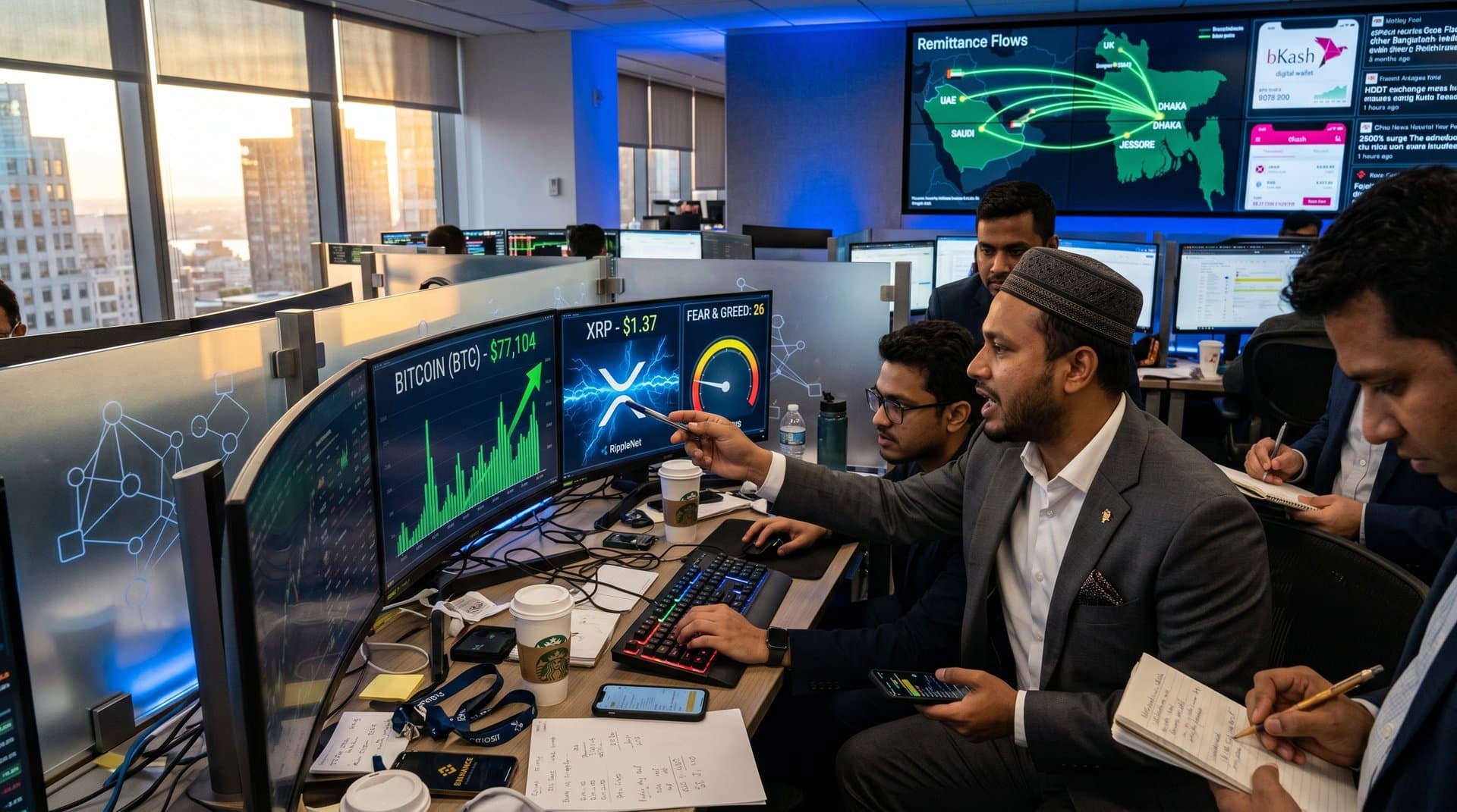 Traders analyze cryptocurrency 2500% surge charts on multi-monitors, BTC at $77k with Jessore remittance maps
