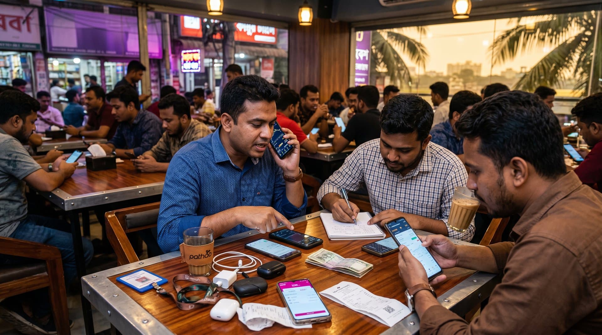 Jessore youth at cafe trade Jessore Bitcoin on phones amid cricket scores and taka notes