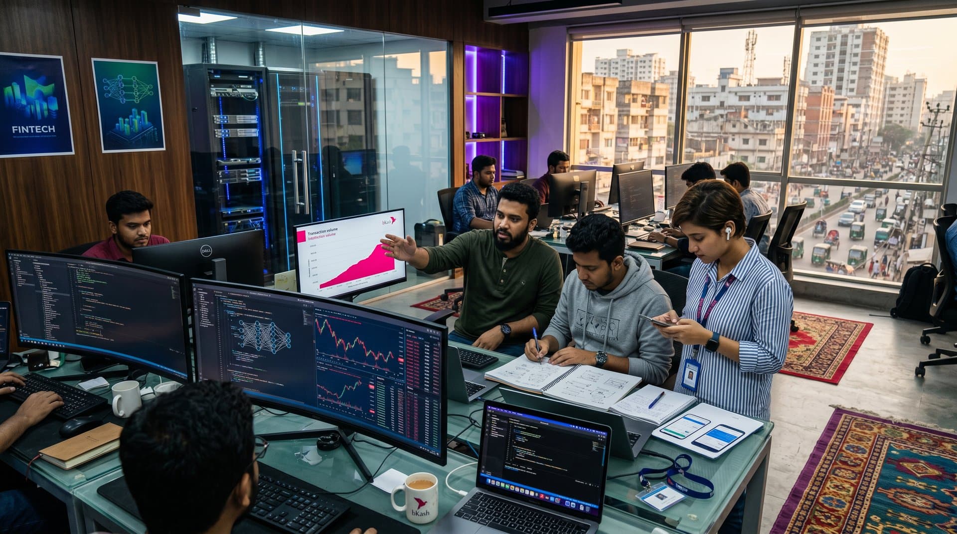 Dhaka tech office with AI code screens, crypto charts, bKash apps, and modern servers under city skyline lights