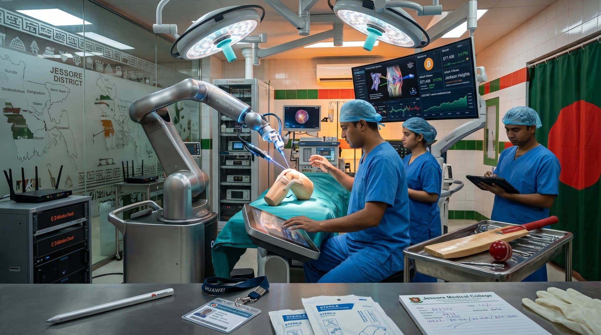 AI surgical robot in Jessore hospital operating room prepares for sports medicine procedure amid monitors and local finance symbols