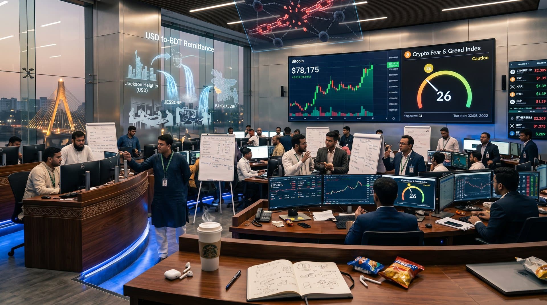 Cryptocurrency trading screens show BTC at $78K, Fear Index 26, blockchain remittance flows to Bangladesh