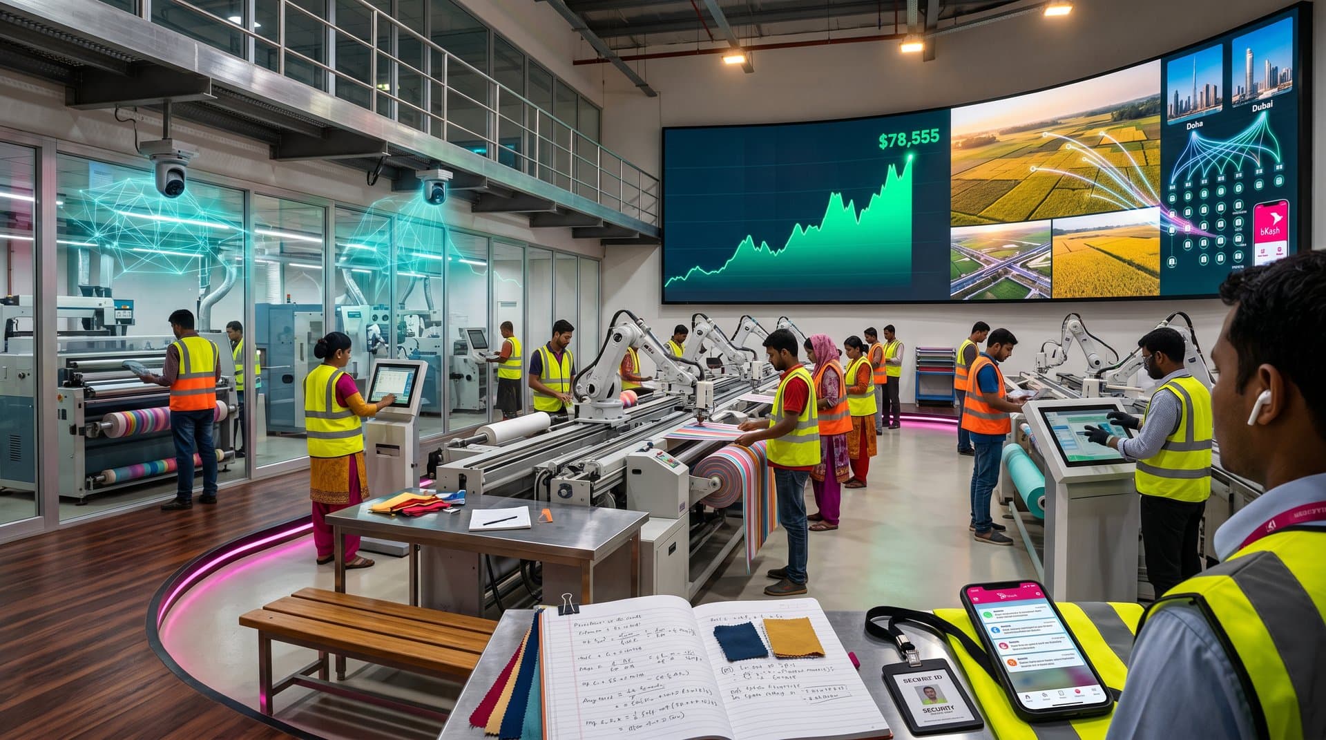 AI circuits merge with Bangladesh RMG factory, BTC charts, and Jessore fields symbolizing tech job shifts