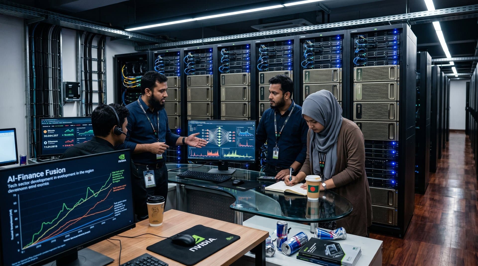 AI data center with GPU servers, neural network holograms, and crypto charts evoking Meta's tech-finance impact on Bangladesh IT