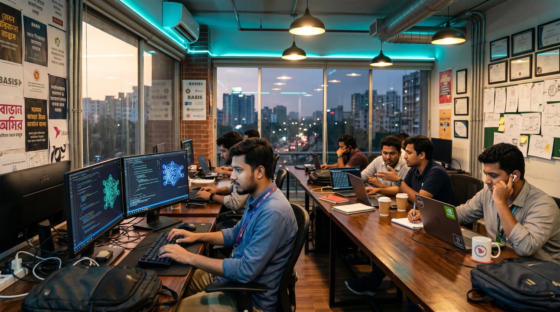 Bangladeshi freelancers in Dhaka coworking space work on AI code at laptops with neural networks and city skyline view