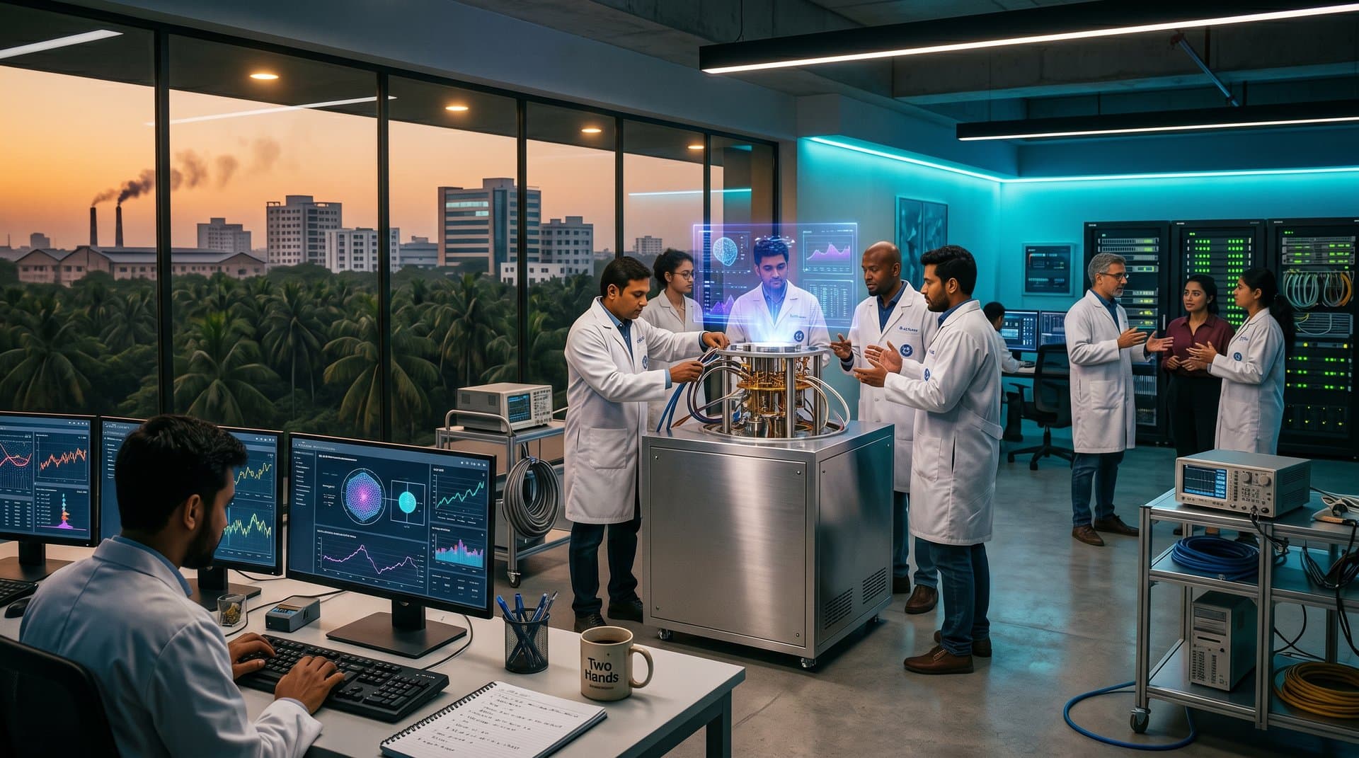 Quantum computing lab in Bangladeshi tech hub with researchers around processor, workstations showing AI simulations, fintech data, and remittance flows