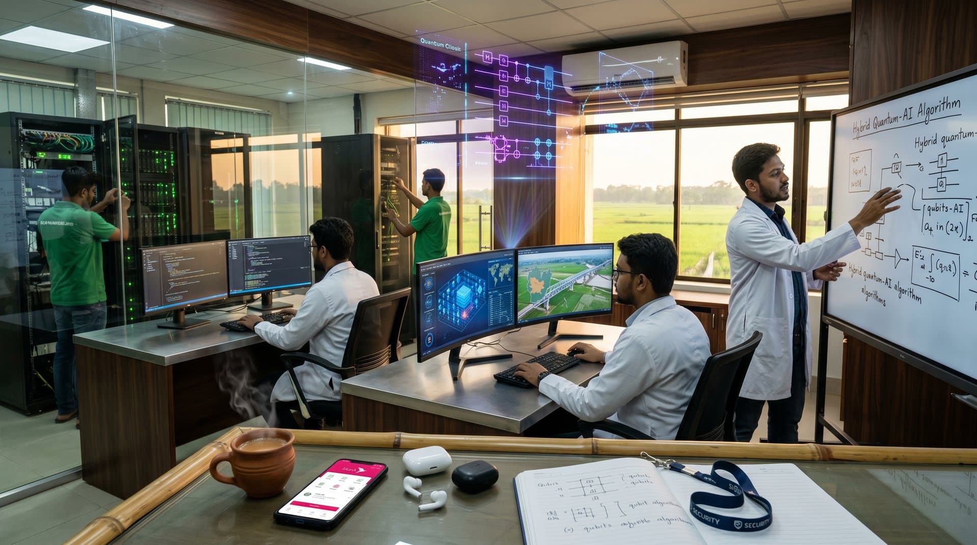 Jessore tech lab with quantum AI simulations, rice field maps, and modern Bangladeshi high-tech workspace