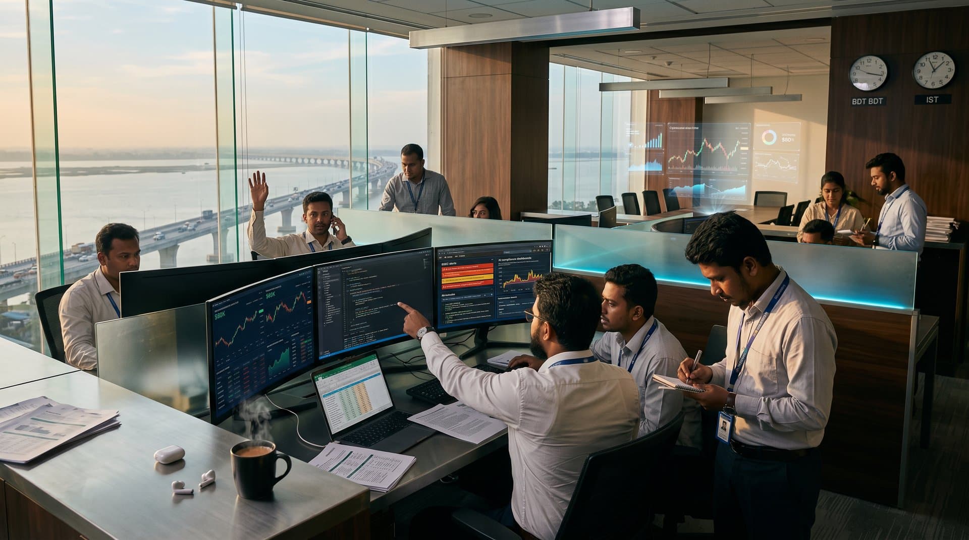 Modern Dhaka fintech office with AI compliance dashboards, SEBI alerts, crypto charts, and Jessore skyline views symbolizing regulatory tension